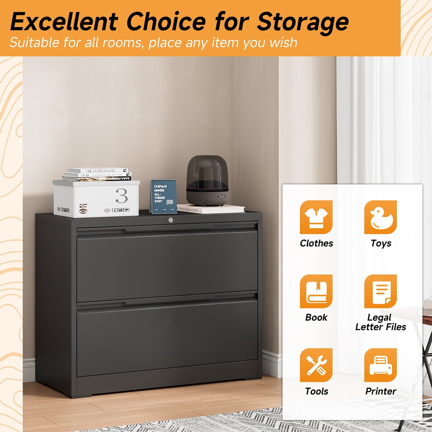 Metal Lateral Filing Cabinet with 2 Drawer Home Office Storage Cabinet Lockable