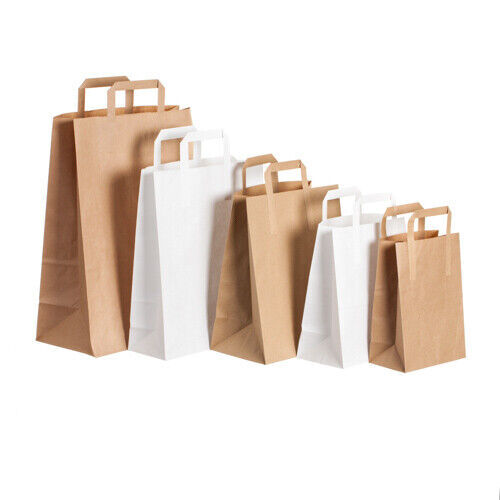 Brown & White Kraft Paper Bags with Handles SOS Food Carrier Takeaway Party Bags