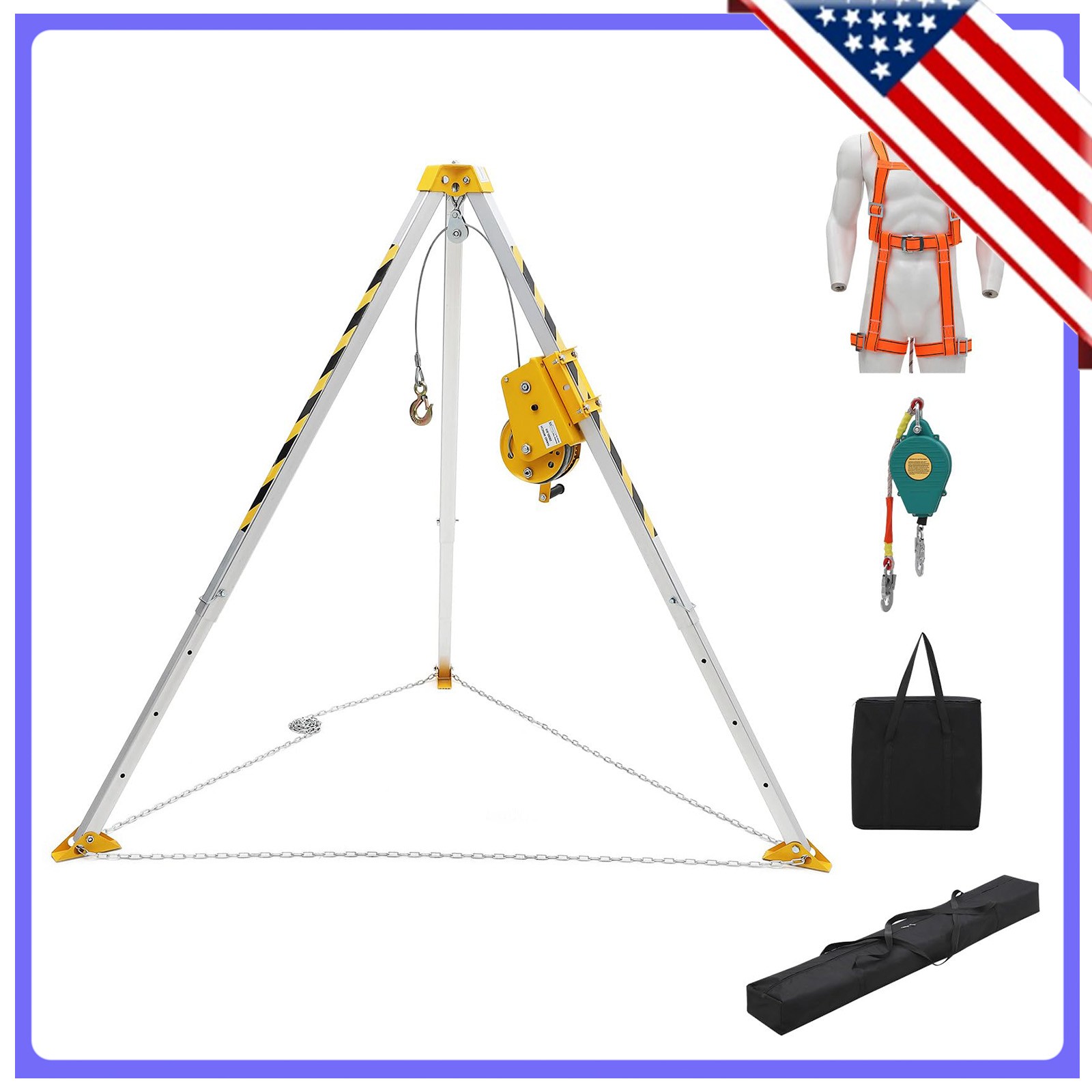 Confined Space Tripod Kit, 2600 Lbs Winch, 8ft Legs & 98ft Cable, Rescue Tripod