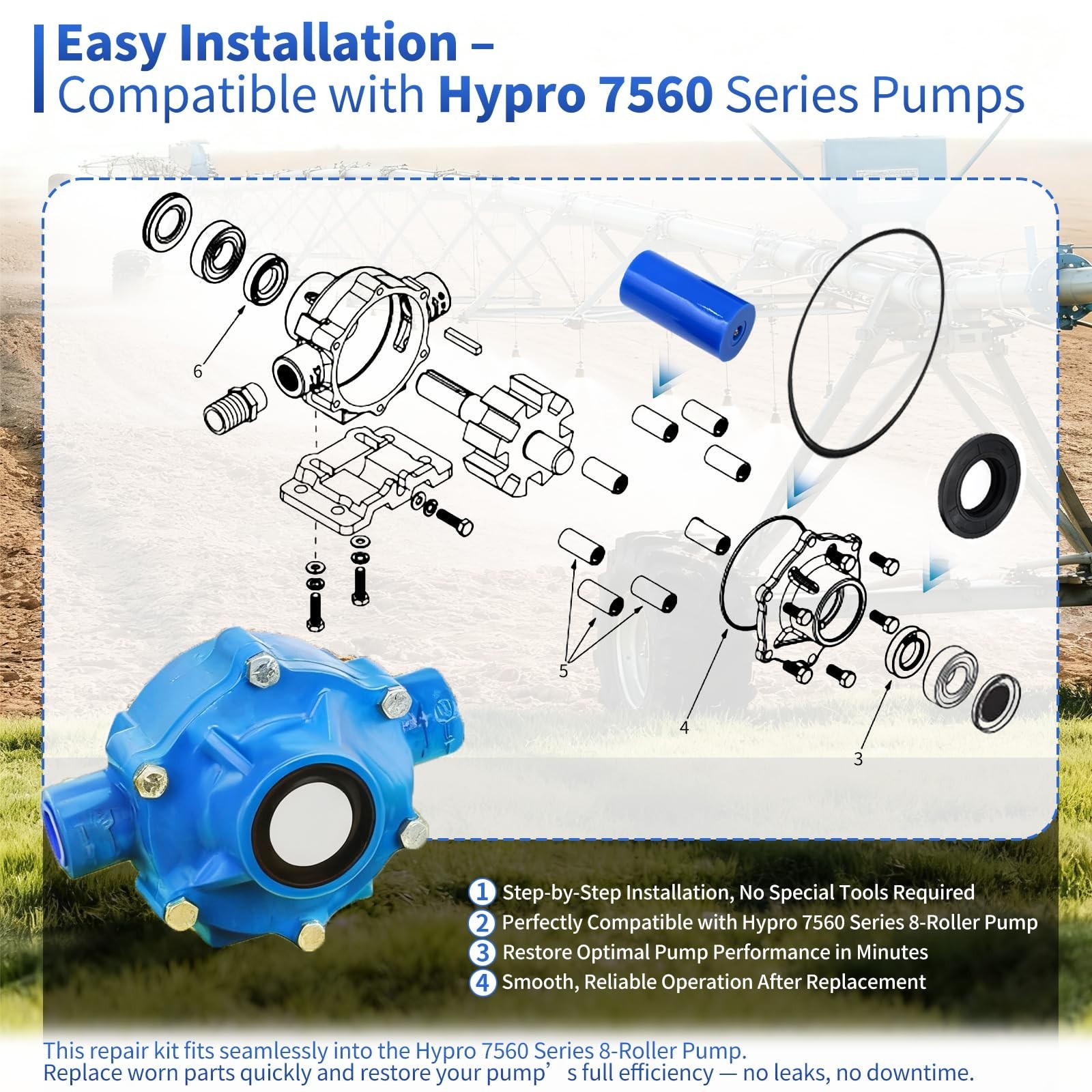 Super Roller Repair Kit for Hypro 7560 Series Pump – 8 Rollers, O-Ring, Viton Se