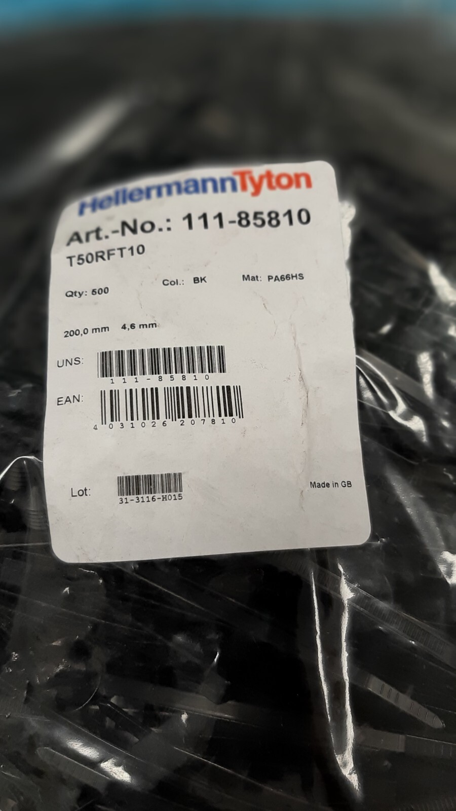 ( 500 PCS ) WIRE TIES, black, 111-85810 , T50RFT10 . 200.0 MM 4.6 MM