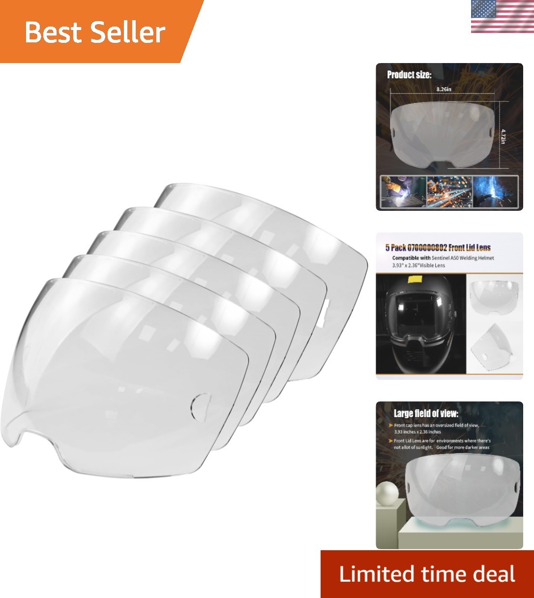 5 pack 0700000802 front lid lens compatible with esab sentinel a50 welding he