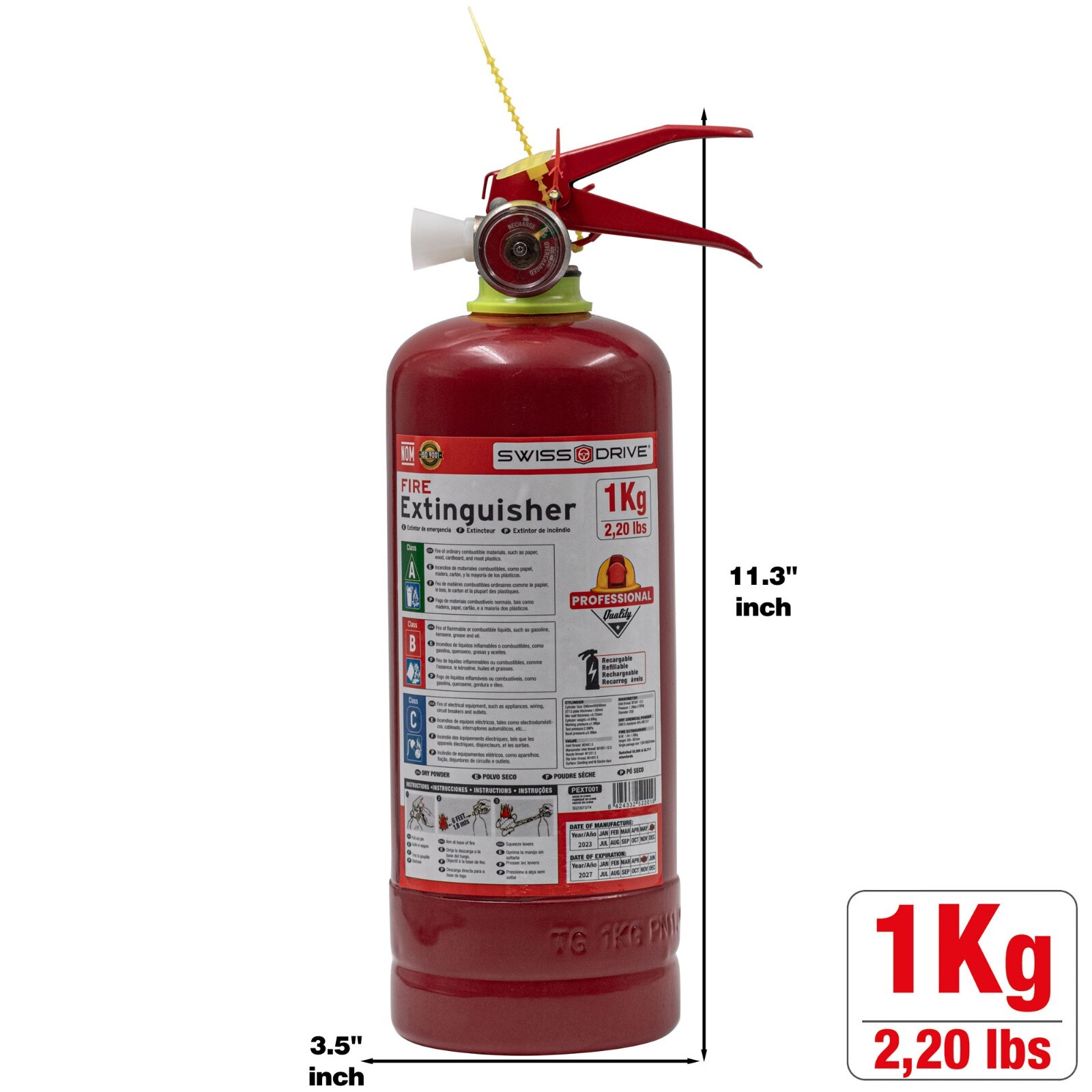 Fire Extinguisher Rechargeable Home Kitchen Car 1 Kg 2.2 lbs Portable ABC Class