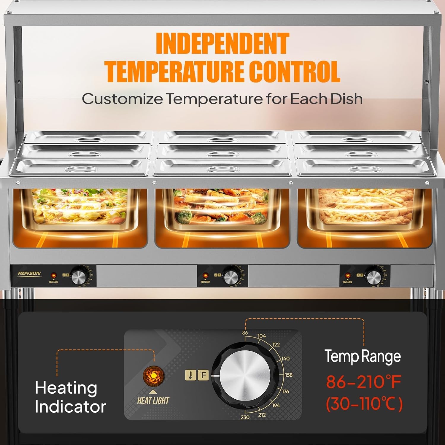 ROVSUN 72QT Electric Commercial Food Warmer 1500W, 9-Pan Steam Table 8QT/Pan