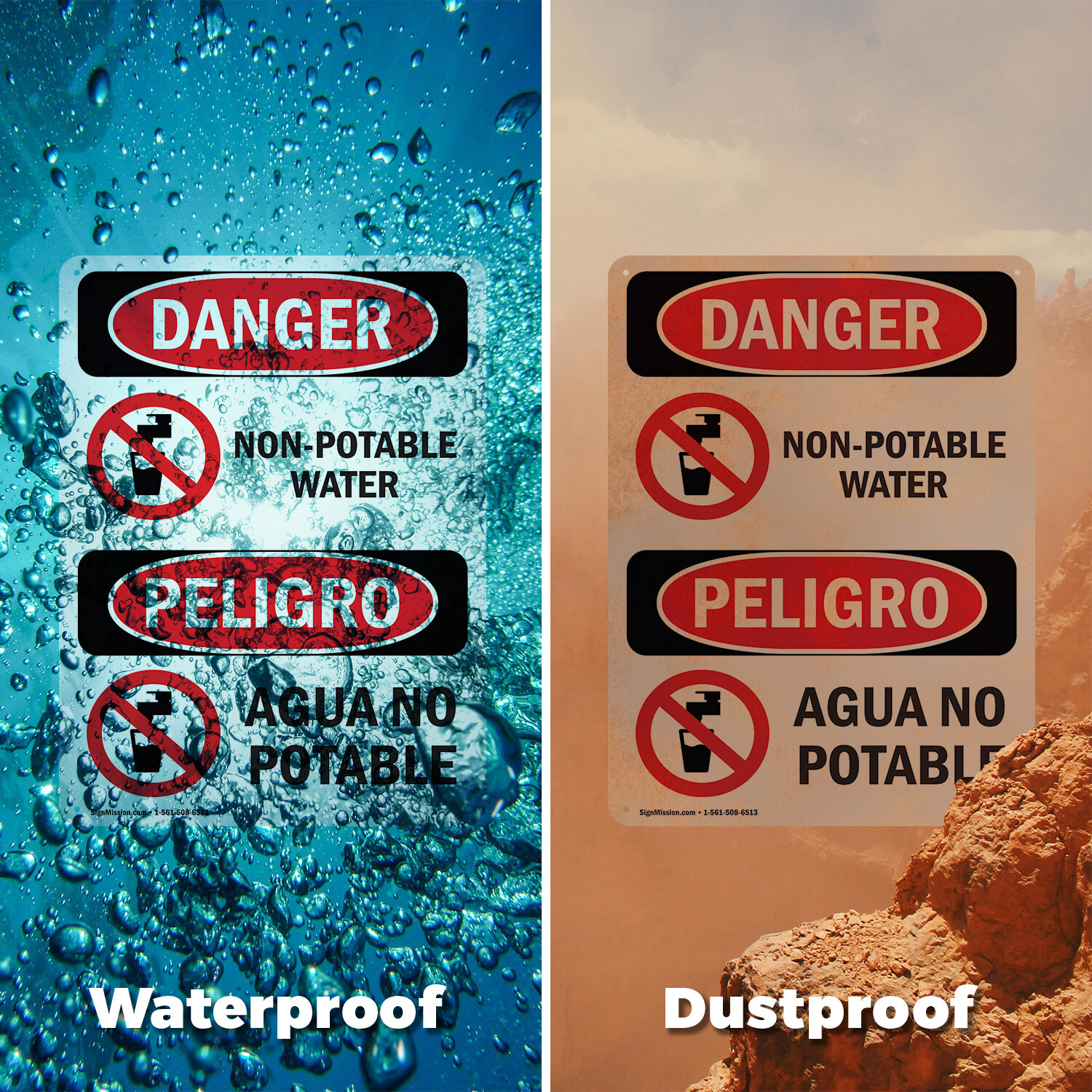 (2 Pack) Non-Potable Water Bilingual OSHA Danger Sign Decal Metal Plastic