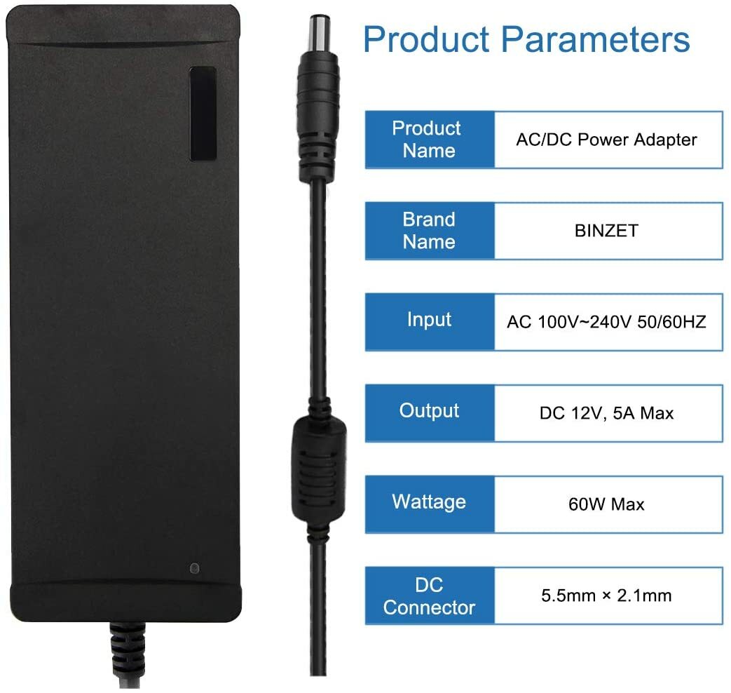 AC 100-240V to DC 12V 5A Power Supply Transformer Converter for LED Strip Lights