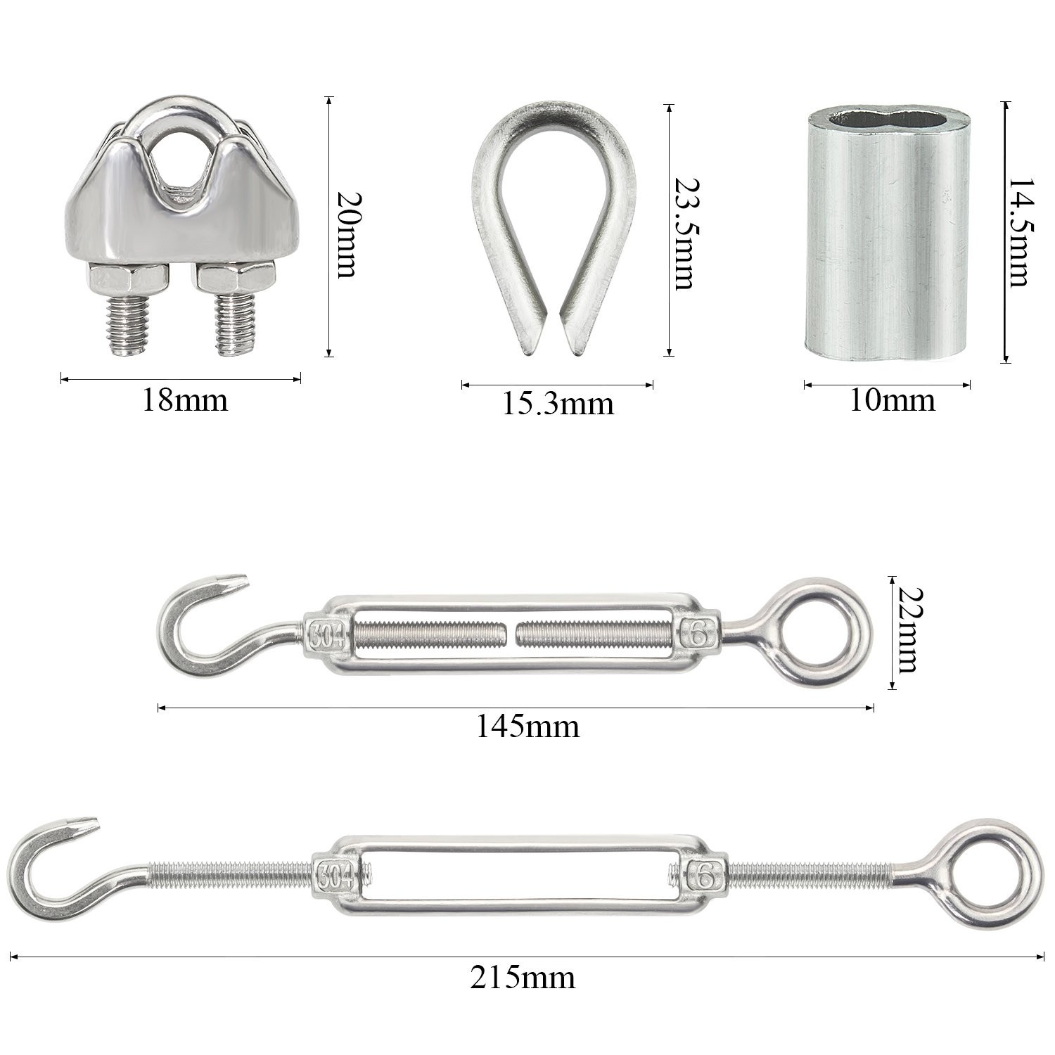 1/8 Inch Stainless Steel Wire Rope Kit – 6 M6 Ropes & Clips Included