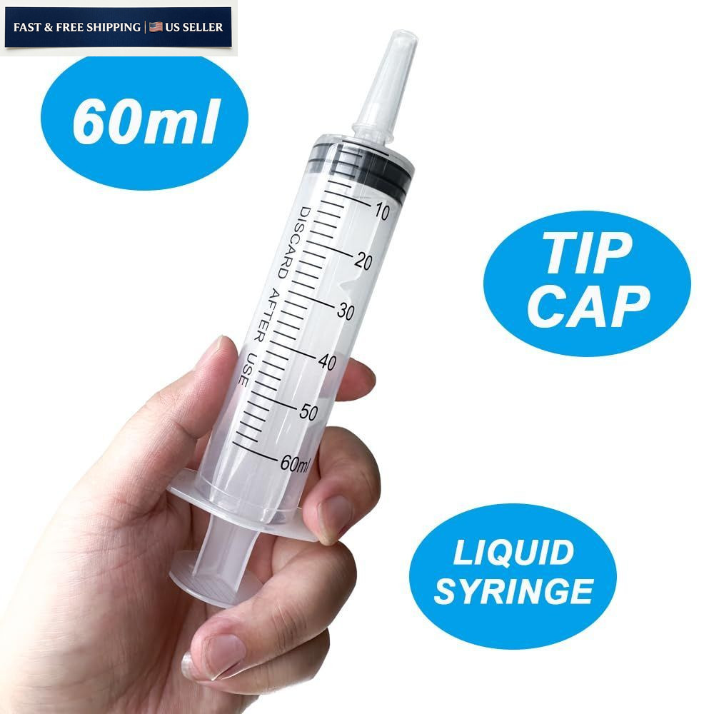 4 Pack 60mL Large Syringe for Liquid with Tip Cap, Plastic 60mL, transparent