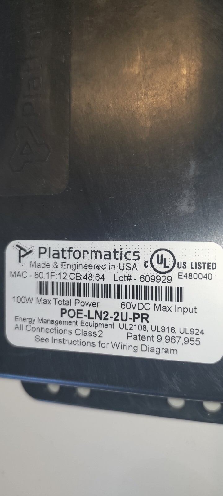 PLATFORMATICS PoE Light Node Assembly # POE-LN2-2U-PR