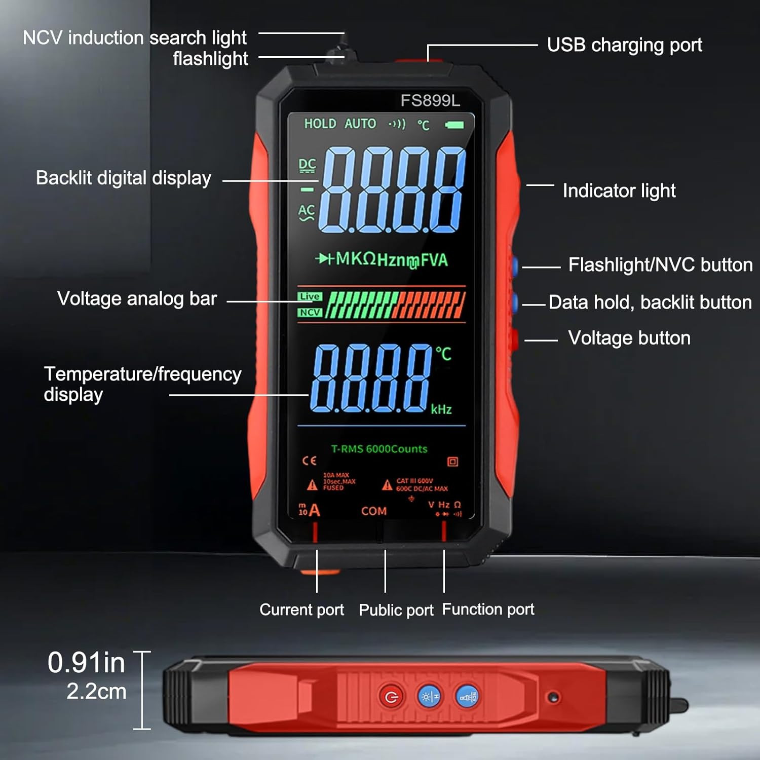 FS899L Digital Multimeter with Color Screen, USB C Rechargeable Electrical Testi