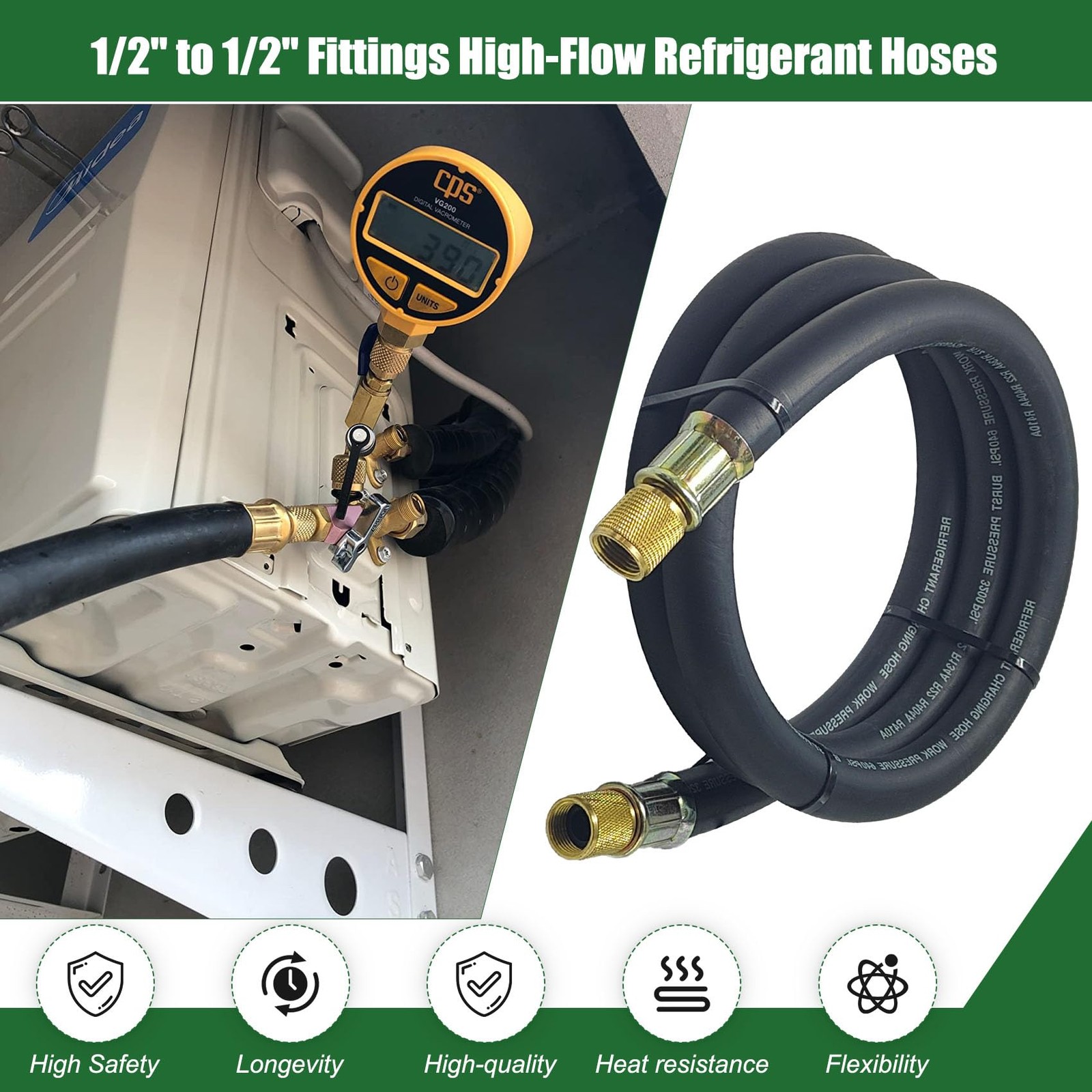 NHB3 6Ft HVAC Vacuum Hose 1/2″ Internal Diameter, 1/2 in to 1/2 in Fittings