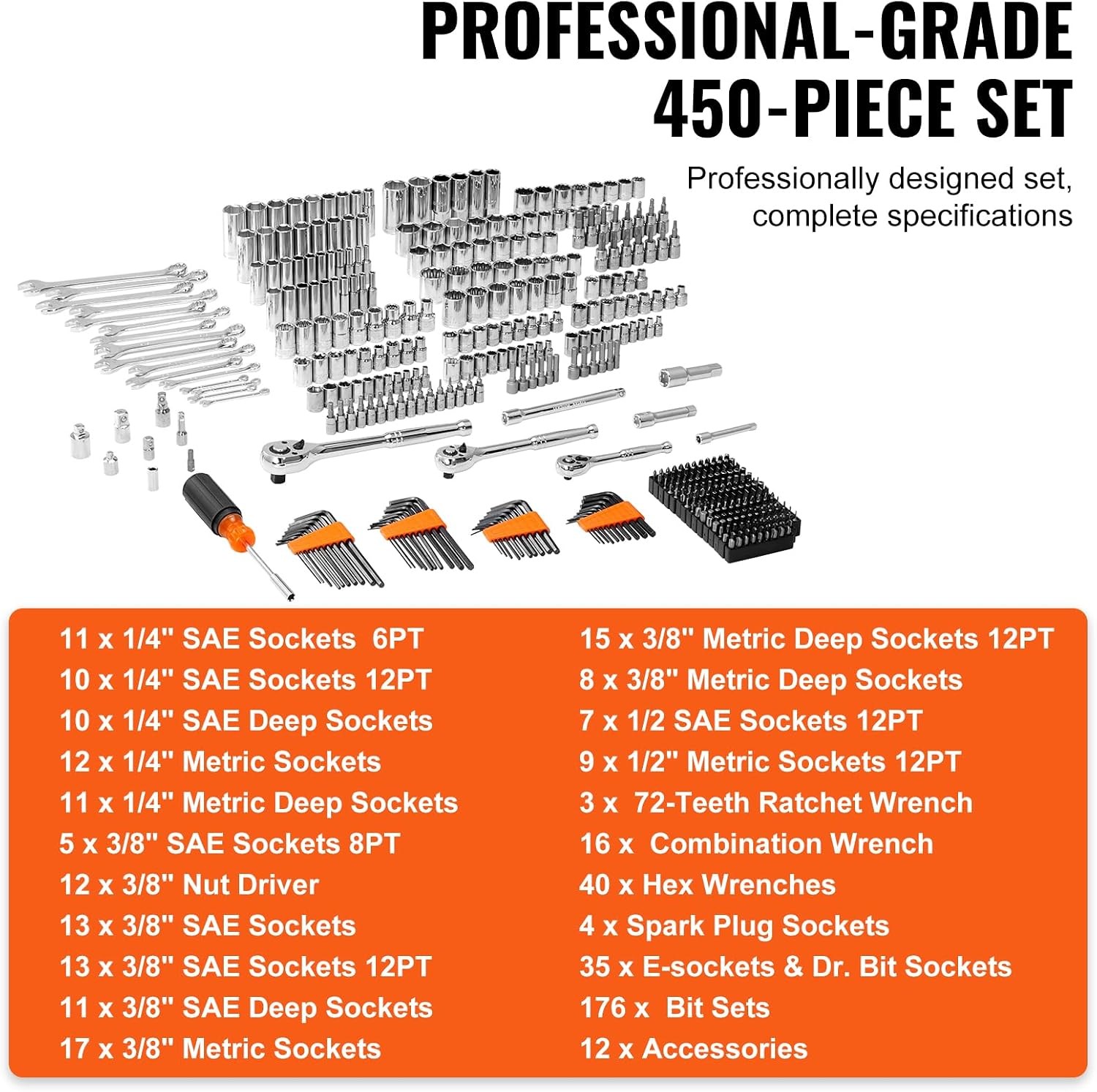 VEVOR Mechanics Tool Set and Socket Set, 1/4″ 3/8″ 1/2″ Drive, 450 PCS | SAE and