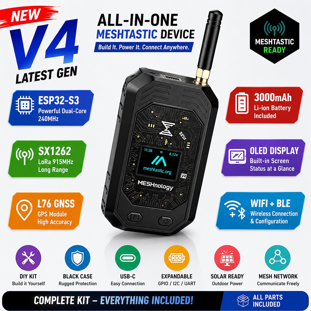 Mesh Radio Node ESP32-S3 LoRa V4 915MHz SX1262 GPS Meshtastic Wifi Solar Kit