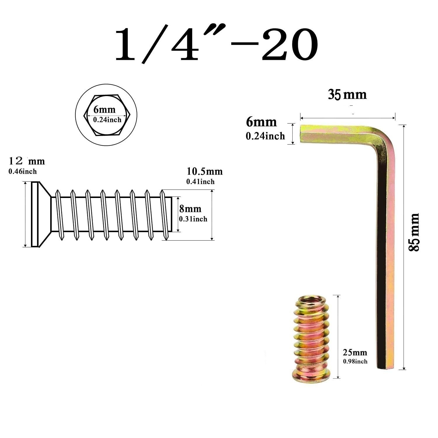 100 Threaded Inserts for Wood 1/4-20X25MM Screw in Nut Fastener Connector, NEW