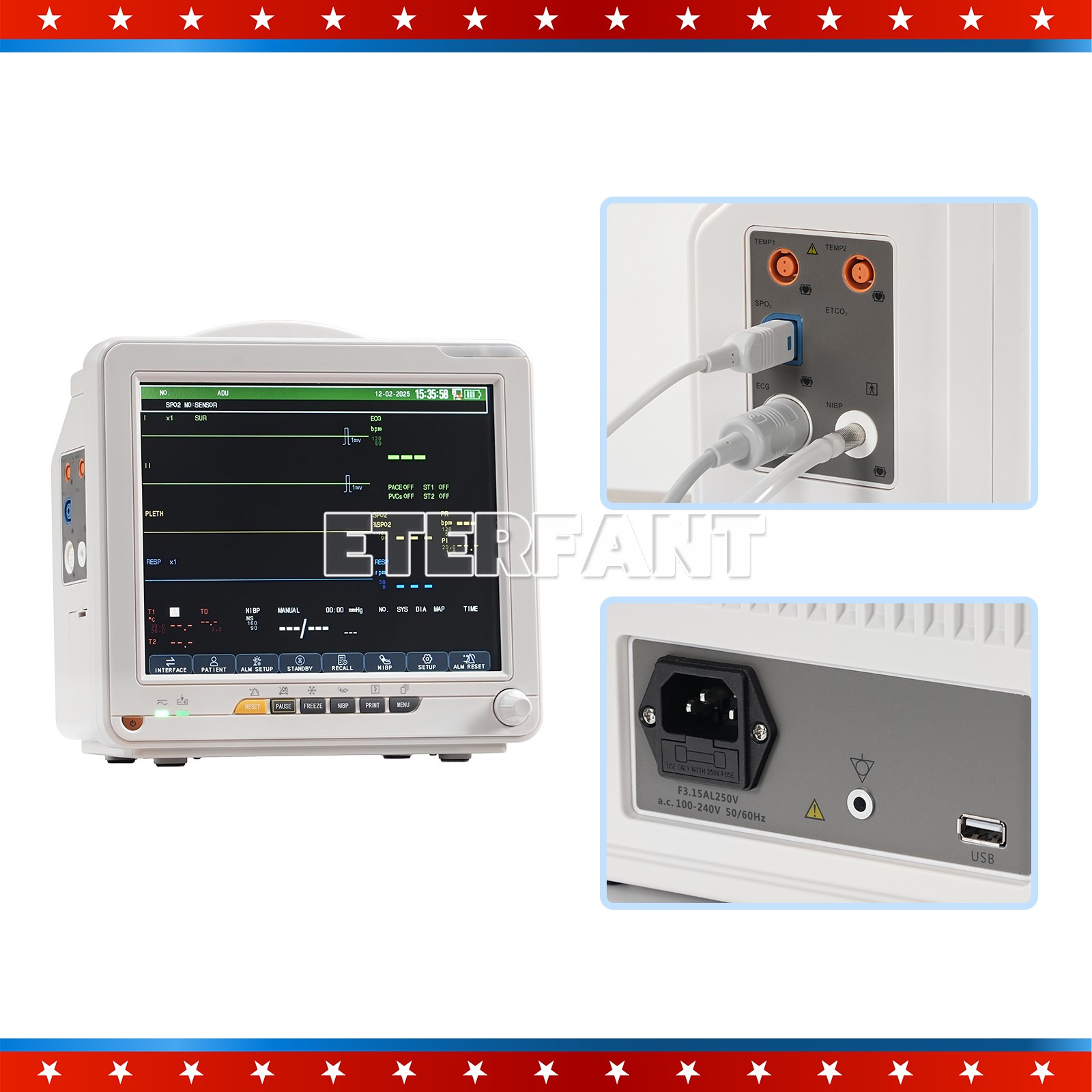 12″ Patient Monitor ICU CCU Vital Sign For Hospital ECG NIBP RESP TEMP SPO2 PR