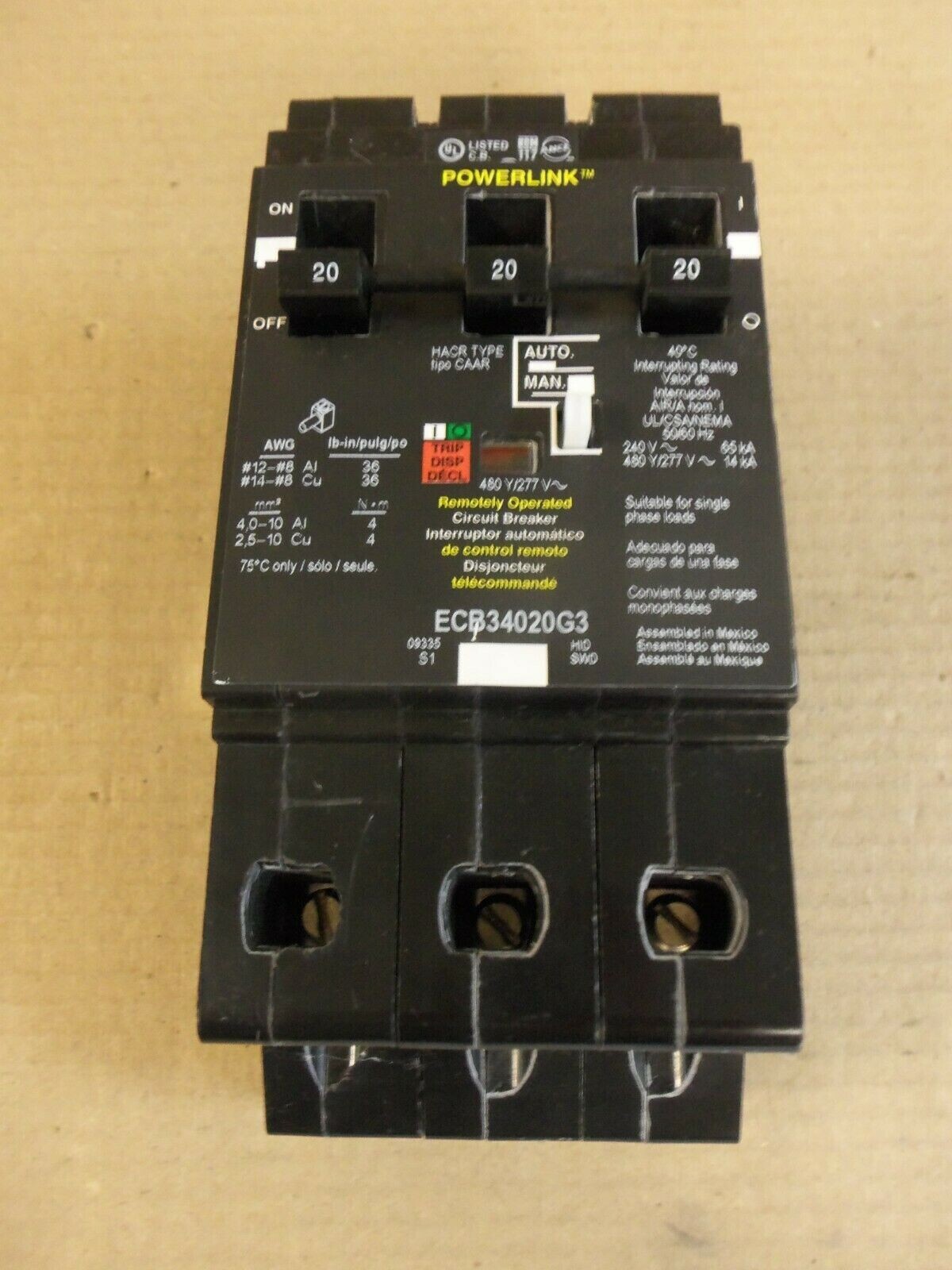 Square D ECB ECB34020G3 3 Pole 20 Amp 480/277V Powerlink Circuit Breaker