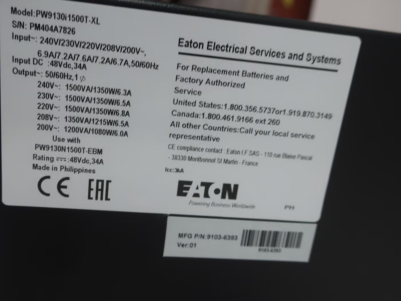 Eaton PW9130I1500T-XL Computer Ups 200/208/220/230/240v-ac/dc 1200/1350/1500va