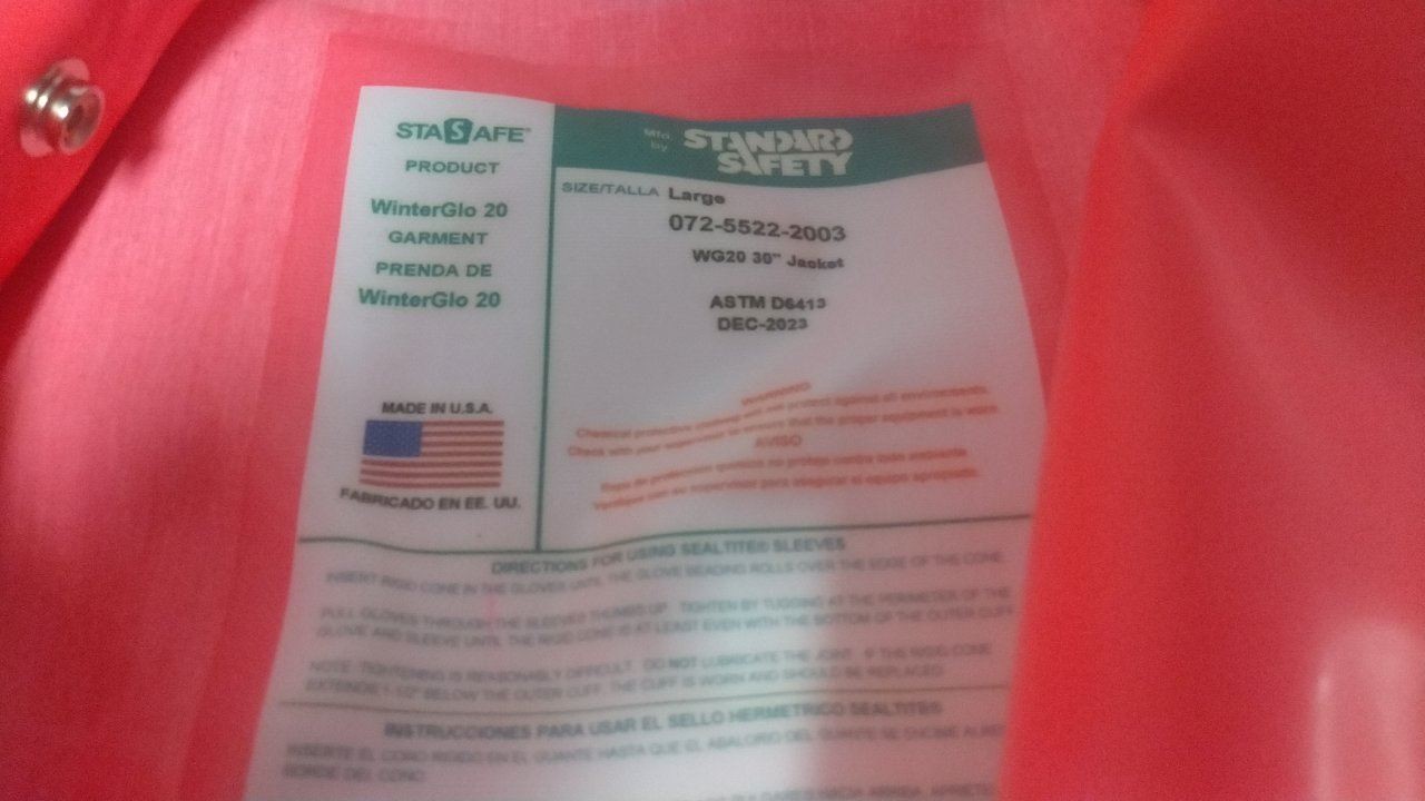 Standard Safety 072-5522-2003 Size L WG20 30 In Front Snap Closure Jacket