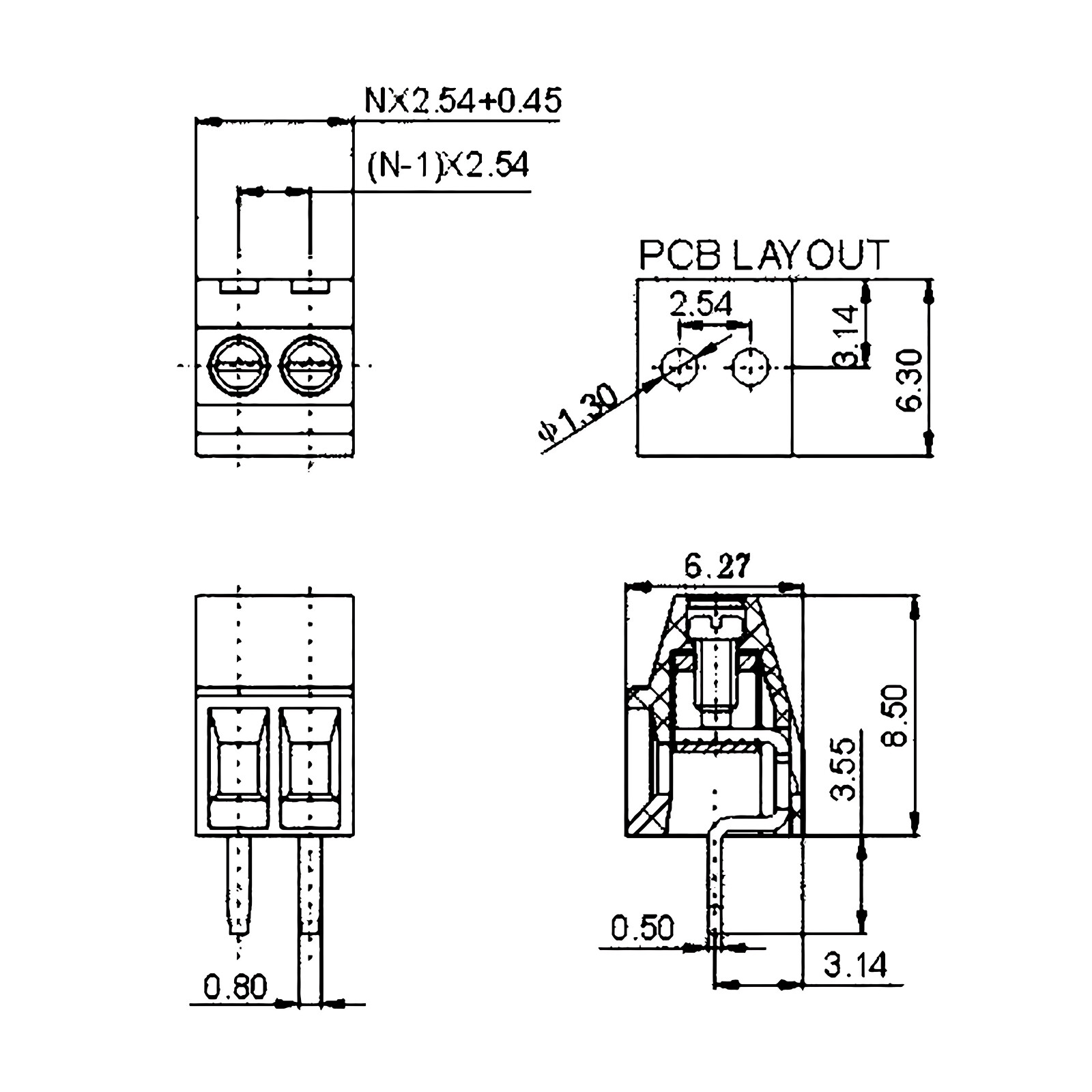 KF128 2.54mm PCB Mini Screw Terminal Blocks Connector for Wires 2P-10P Terminal