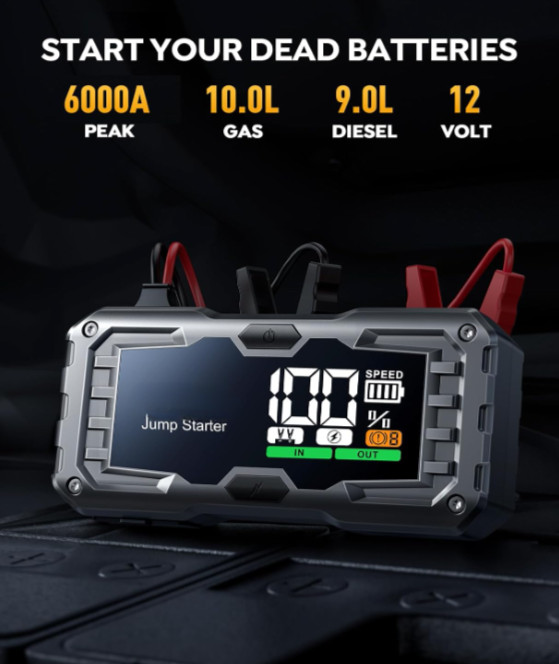 Arrancador de Batería 6000A 12V Portátil para 10.0L Gas 9.0L Diésel con Luz 4 Mo