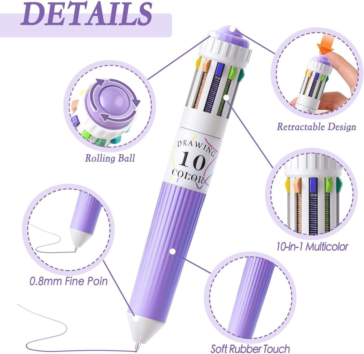 6 PCS Multicolor Pen in One 10-In-1 Retractable Colored Ballpoint Pens for Offi
