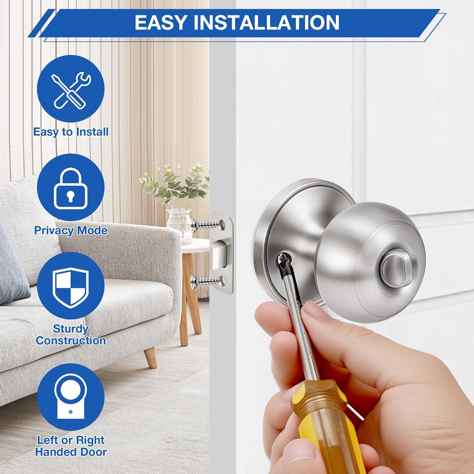 Plustool 5 Pack Brushed Nickel Door Knobs,Privacy Door Knob with Lock, Interi…