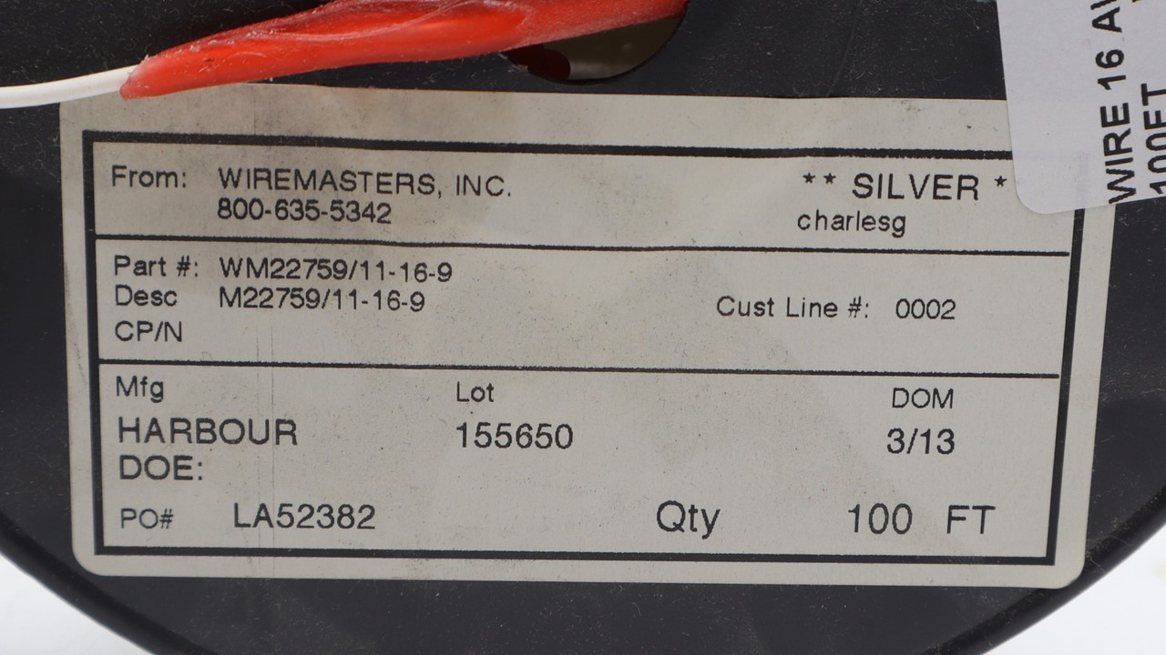 M22759/11-16-9 16AWG, Silver Plated, PTFE Jacketed Wire, White, 100 Foot
