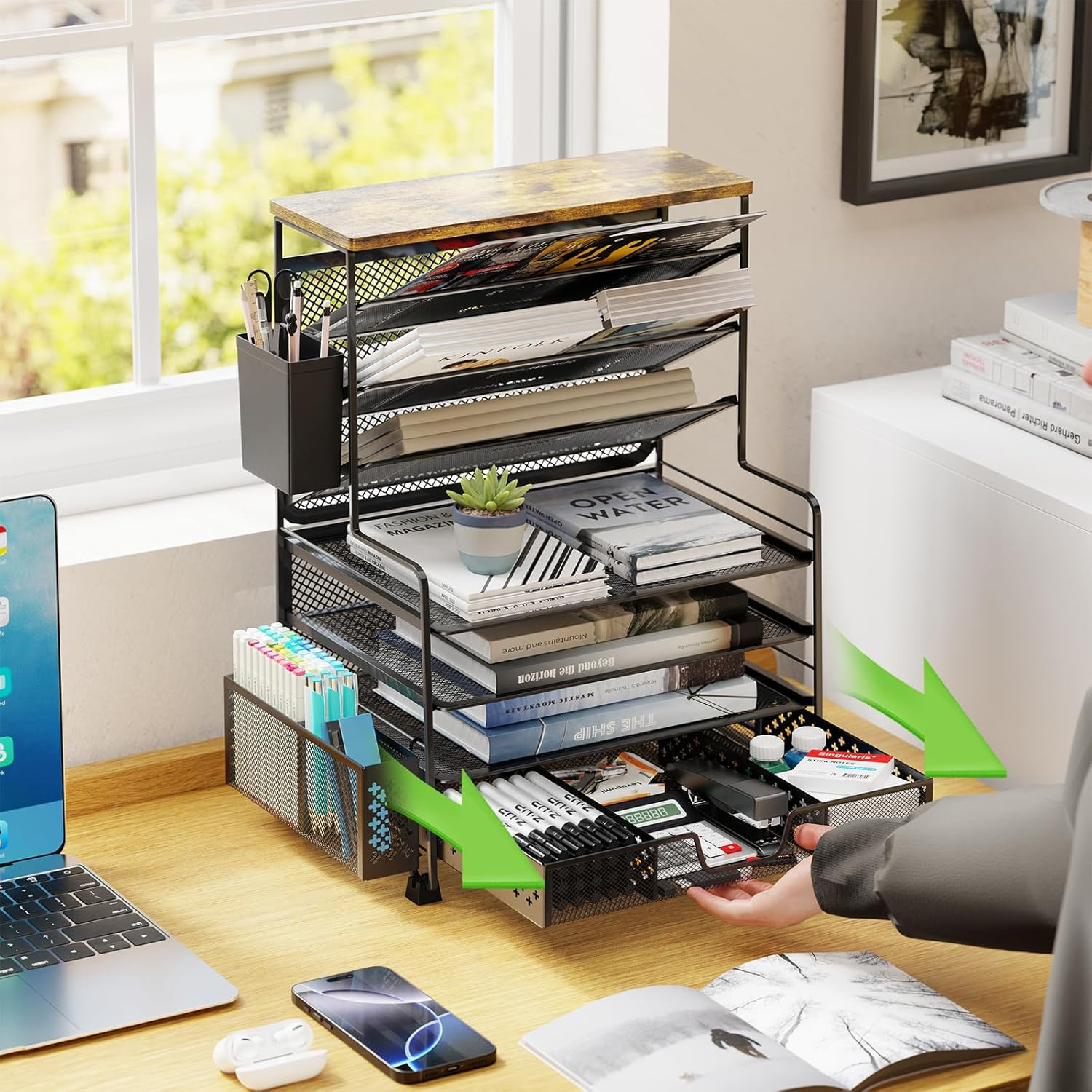 8 Tier Desk File Organizer with Sliding Drawer, Desktop Organizers and Accessori