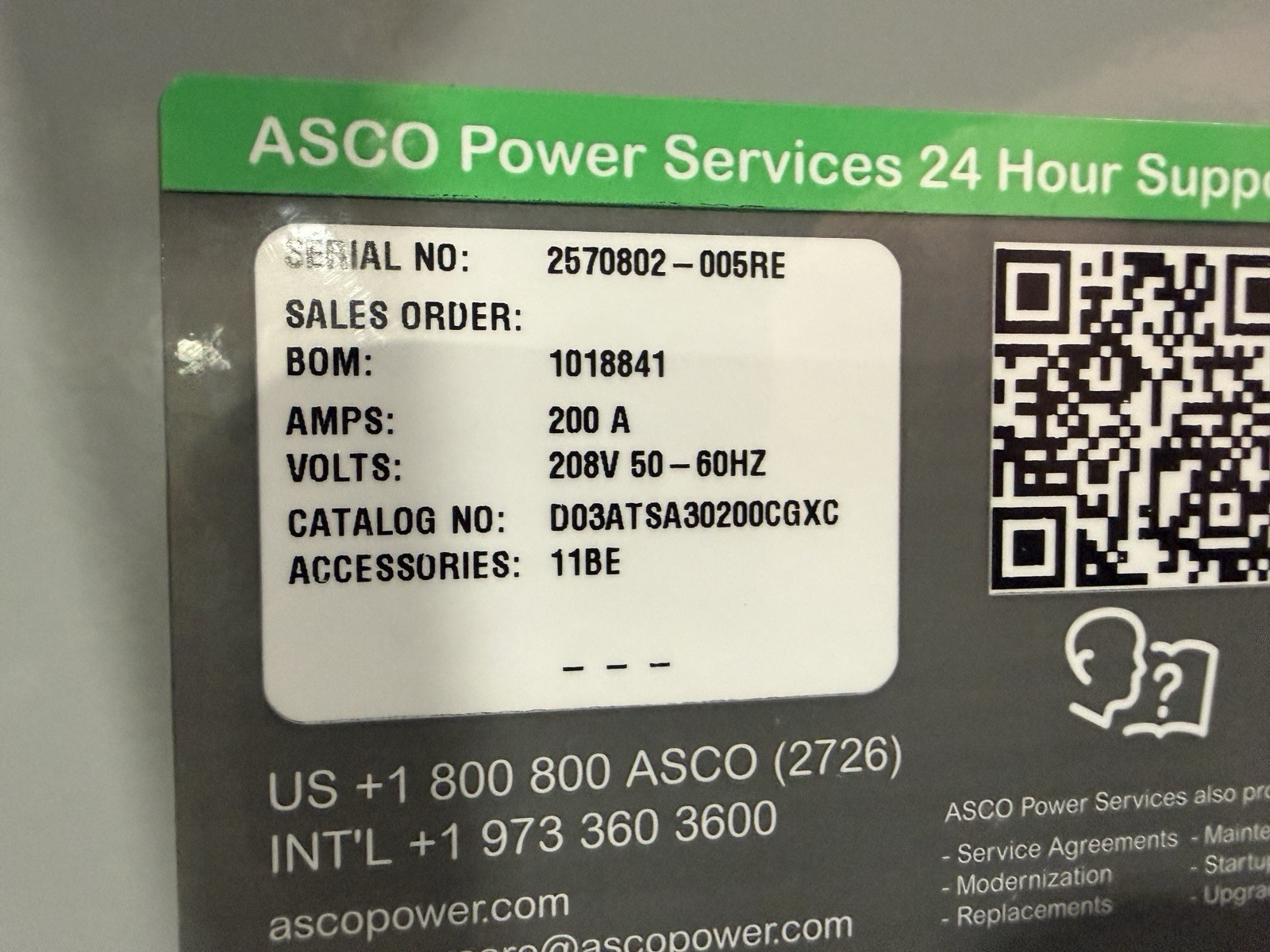 ASCO D03ATSA30200CGXC 200A 208V 3P AUTOMATIC TRANSFER SWITCH 50-60HZ