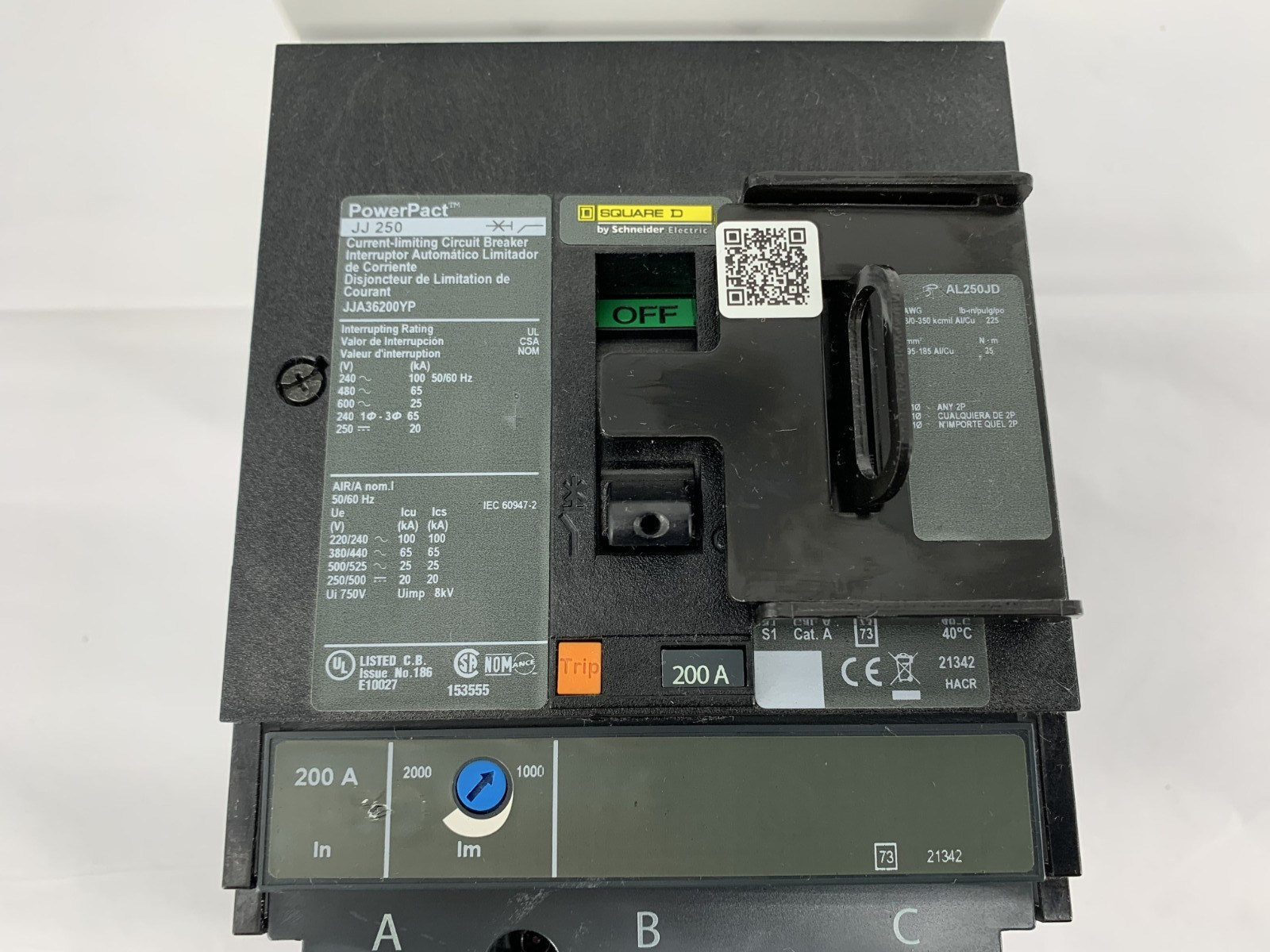 Square D JJA36200YP PowerPact JJ 250 I-Line Circuit Breaker 200A 480V 3P 3PH