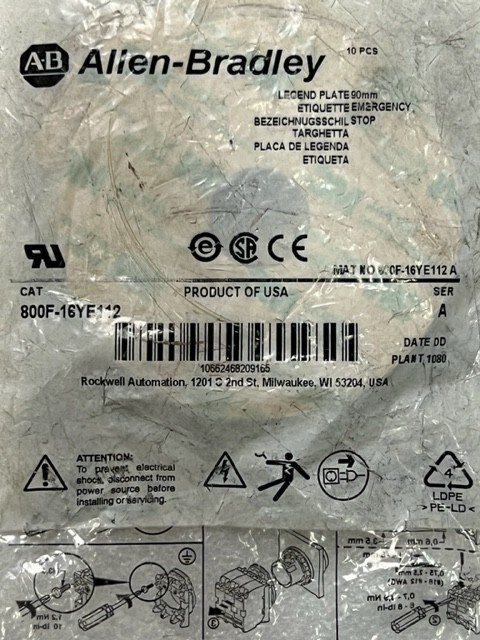 Lot of 10 pcs – 800F-16YE112 Emergency Stop Legend Plate 90mm New in Sealed Bag