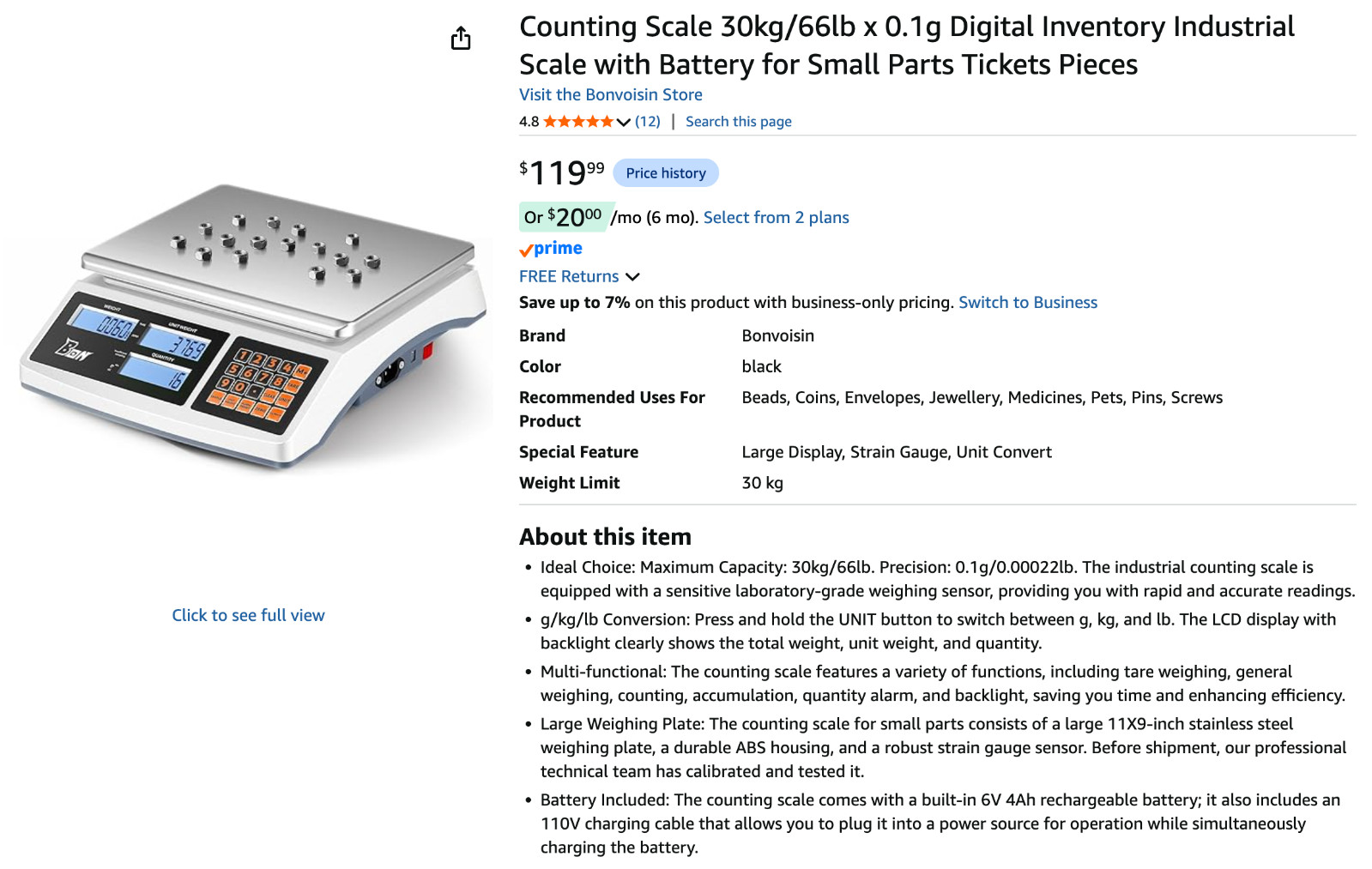 Stainless Steel Counting Scale 66lb 30kg Digital Parts Industrial Scale Battery