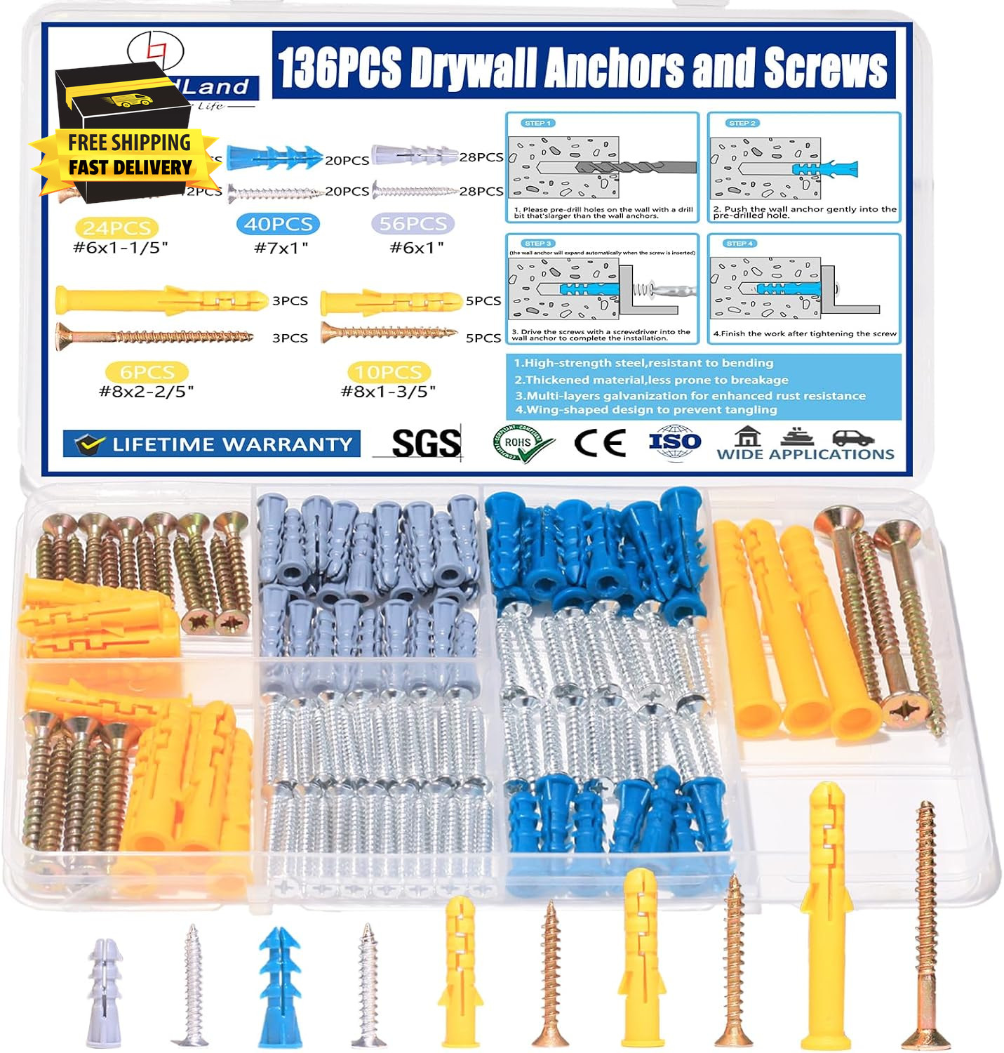 136PCS Drywall Anchors and Screws Assortment Kit, 68Plastic Dry Wall Expansion A