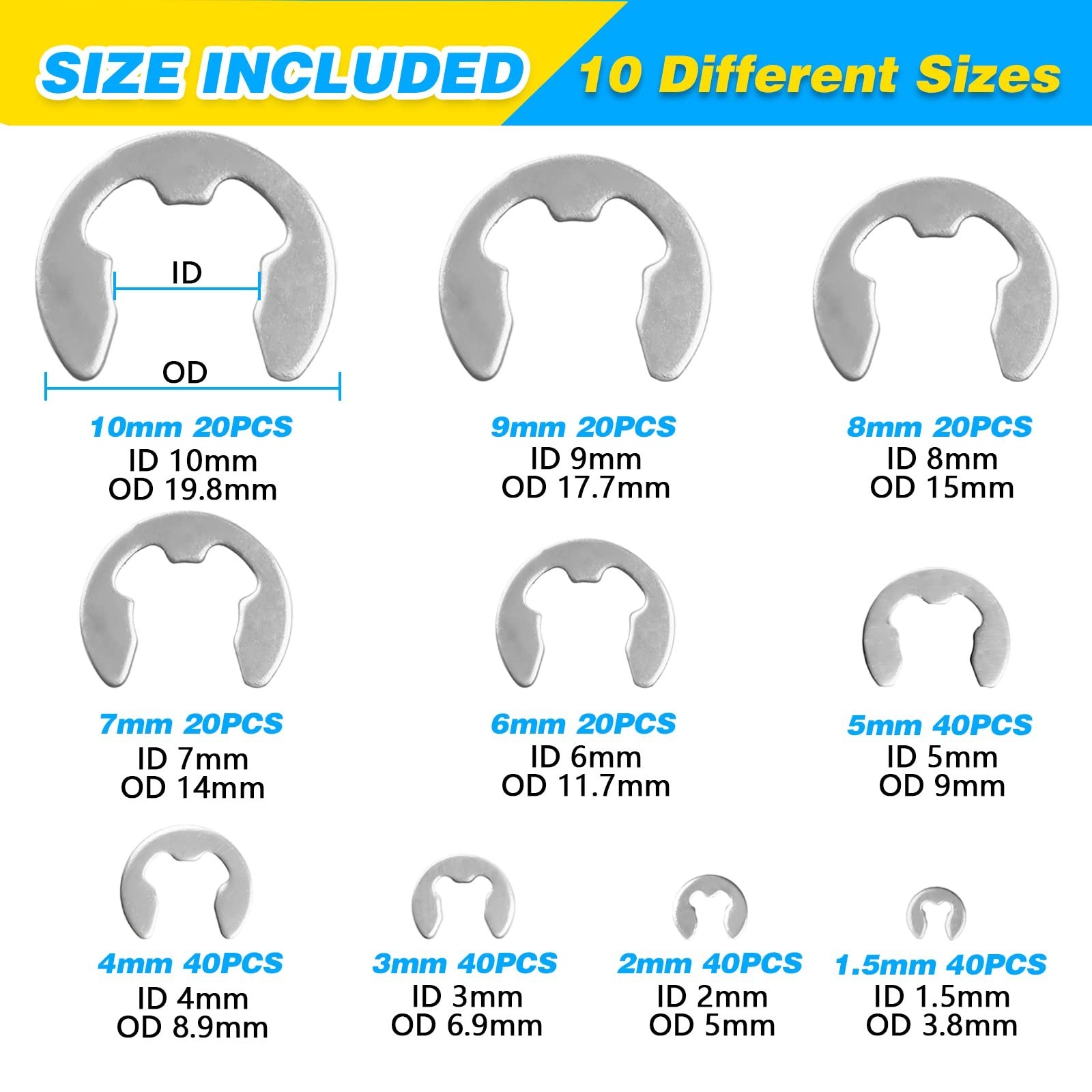 800Pcs C-Clip & E-Clip Assortment Kit, Snap Rings, 304 Stainless Steel + Plier S