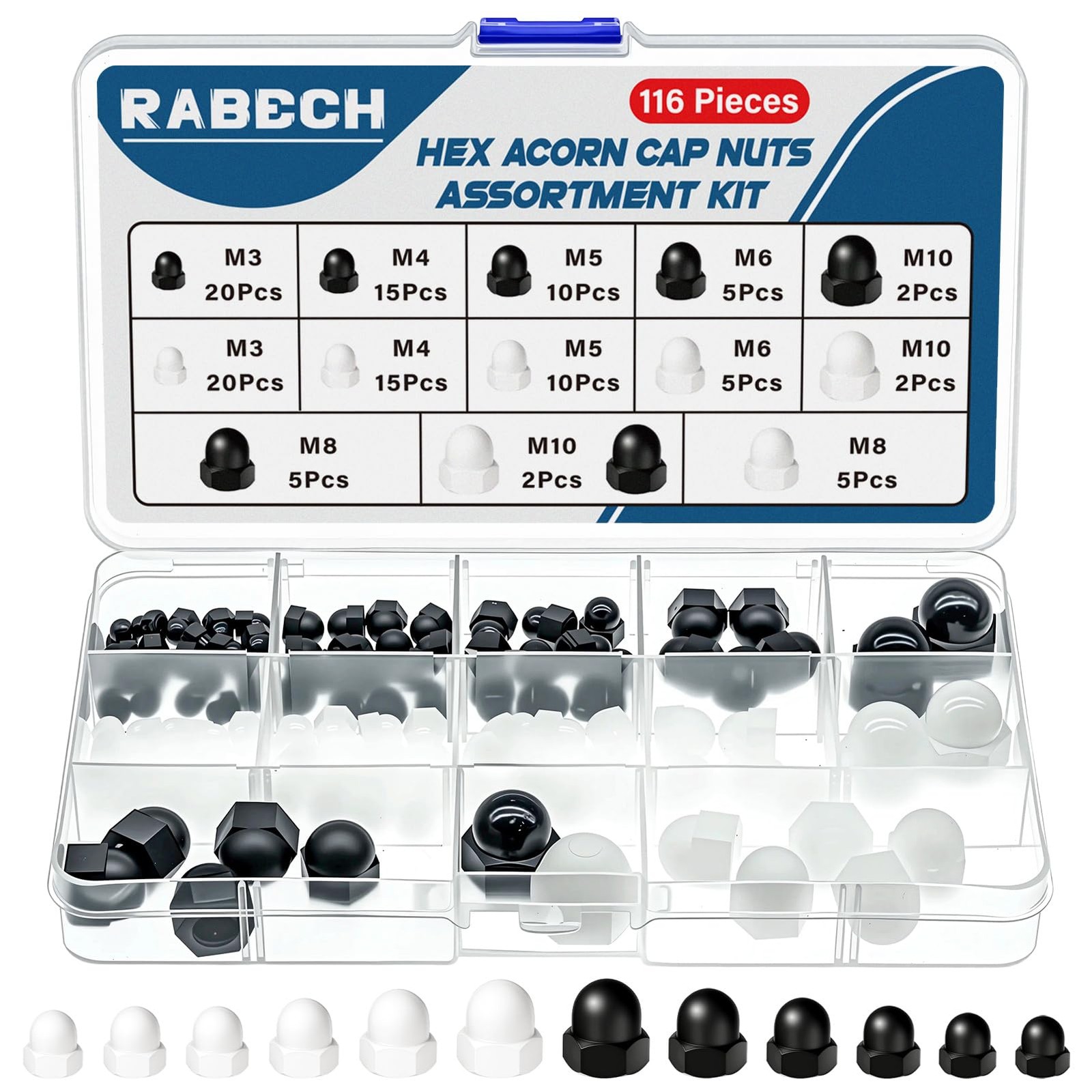 RABECH Hex Acorn Nuts Cap Assortment Kit 6Sizes 116Pcs M3 M4 M5 M6 M8 M10 Bla…