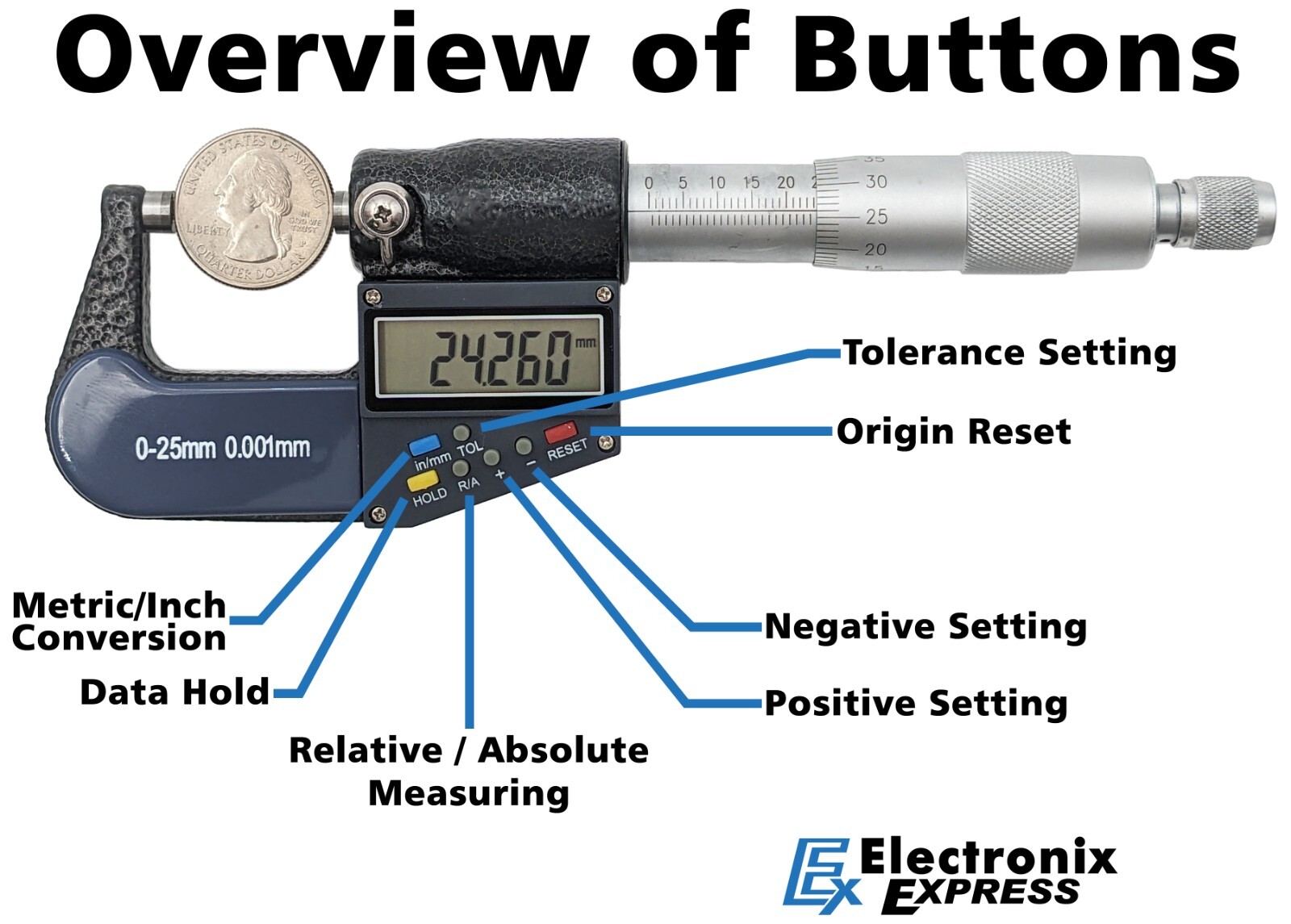 0-25mm (0-1″) Digital Micrometer with 6 Digit LCD Display, 0.001mm Resolution