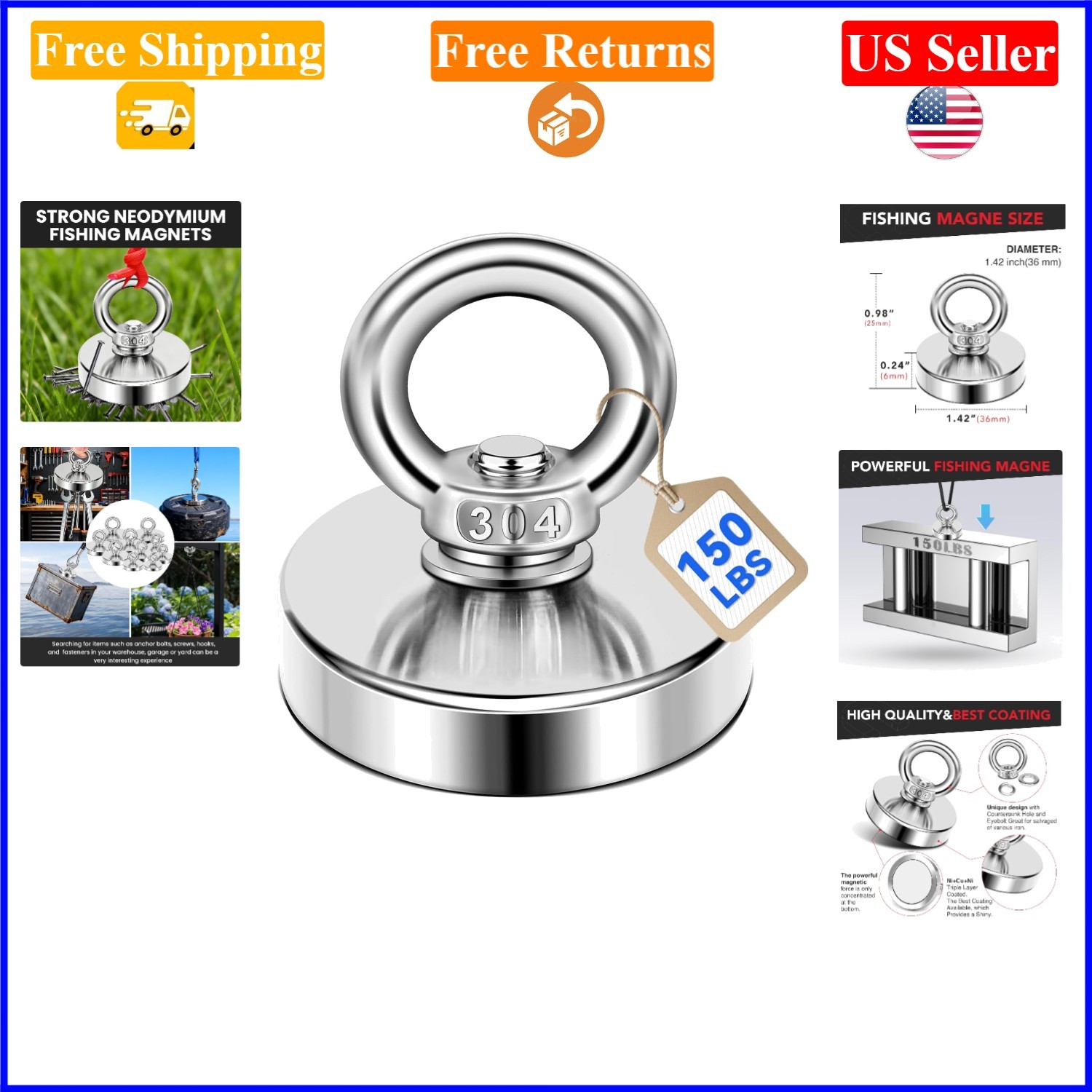 150 Lb Neodymium Fishing Magnet 1.42 Inch with Eyebolt for Salvage & Retrieval