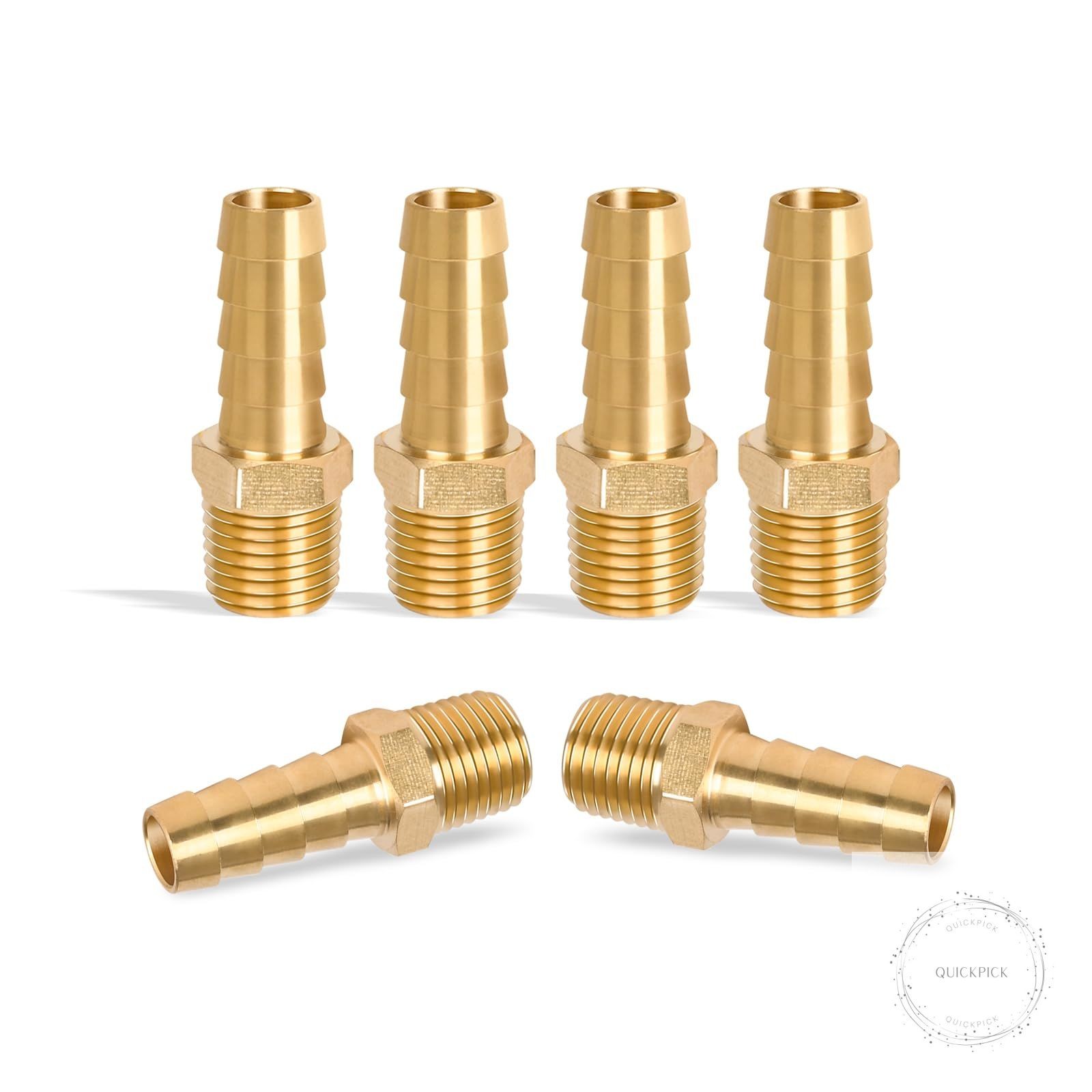 6 Pcs Brass Hose Fittings, 1/4 NPT to 3/8 Barb Barbed Hose Fittings, Male Thread