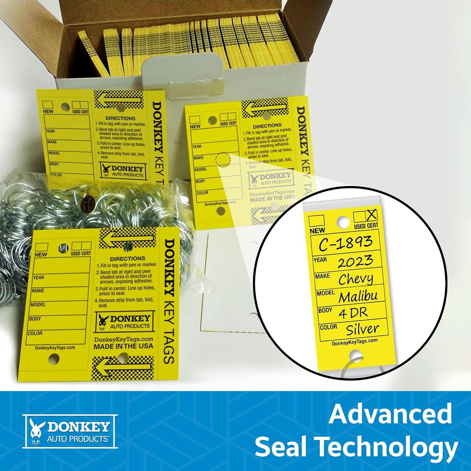 Donkey Key Tags, Laminated Self-Protecting (250 Tags per Box with Metal Rings) (