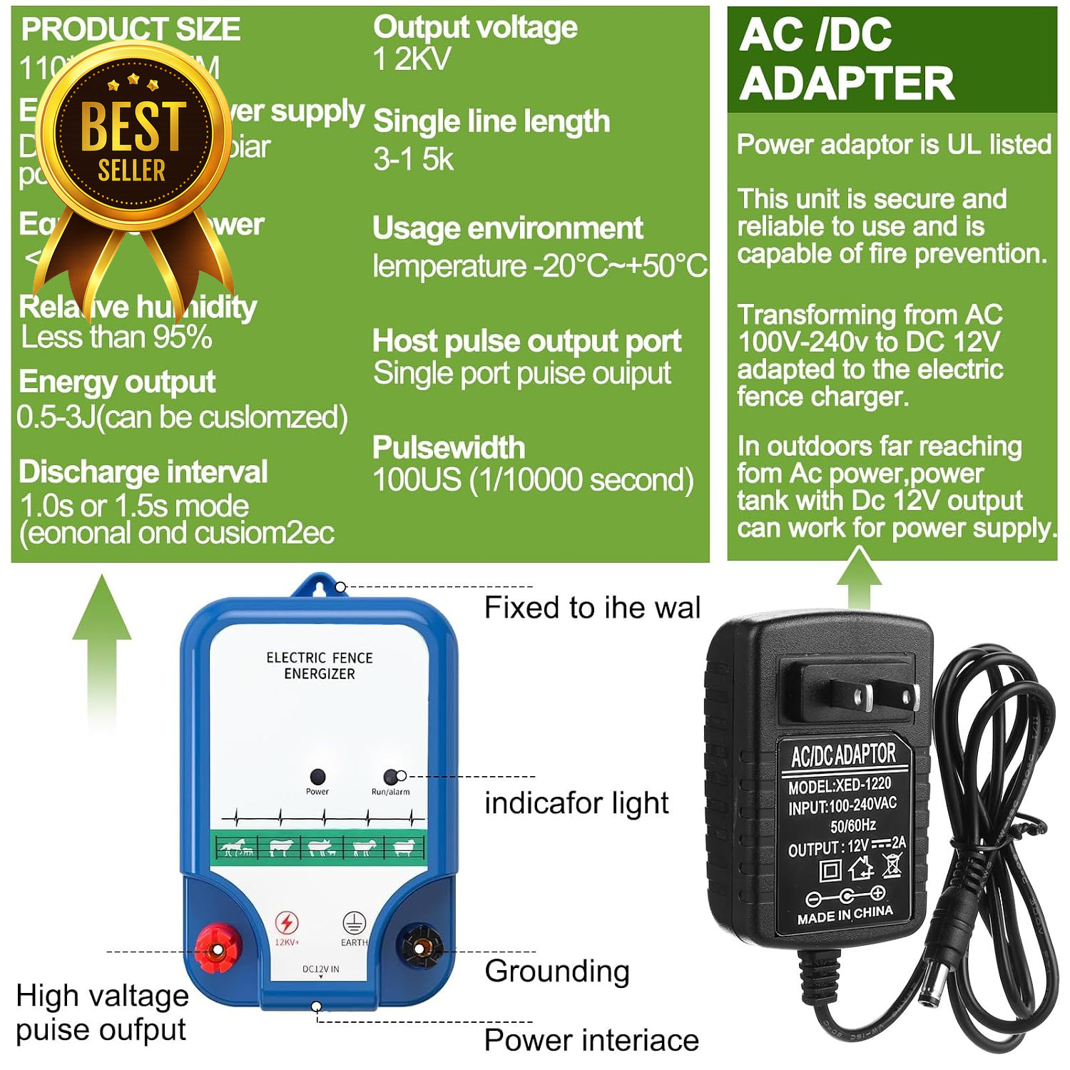 8 Mile 12KV Electric Fence Kit AC DC Charger with Wire Insulators