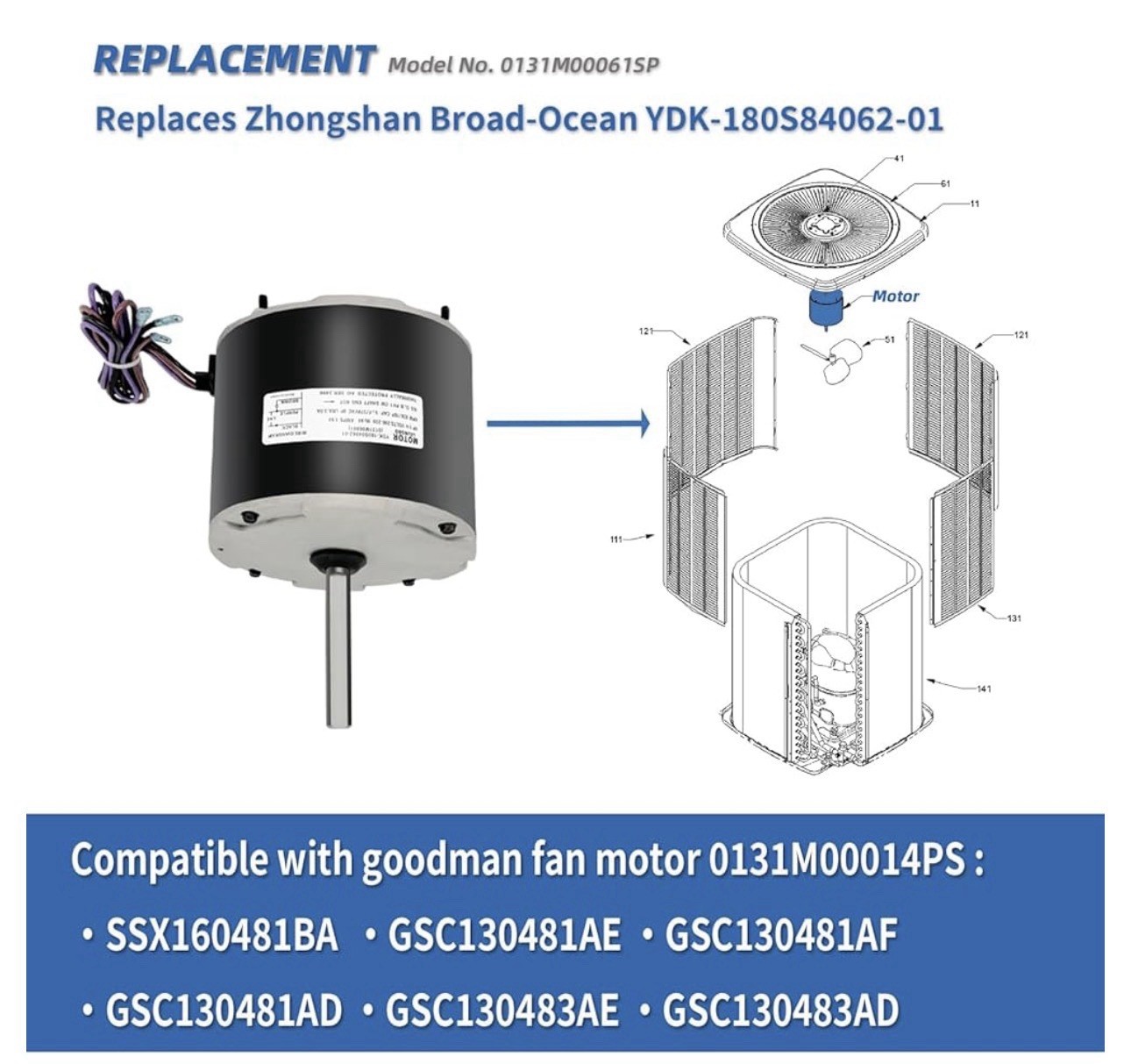 0131M00061SP 1/4HP Condenser Fan Motor For Goodman Air conditioner Amana New