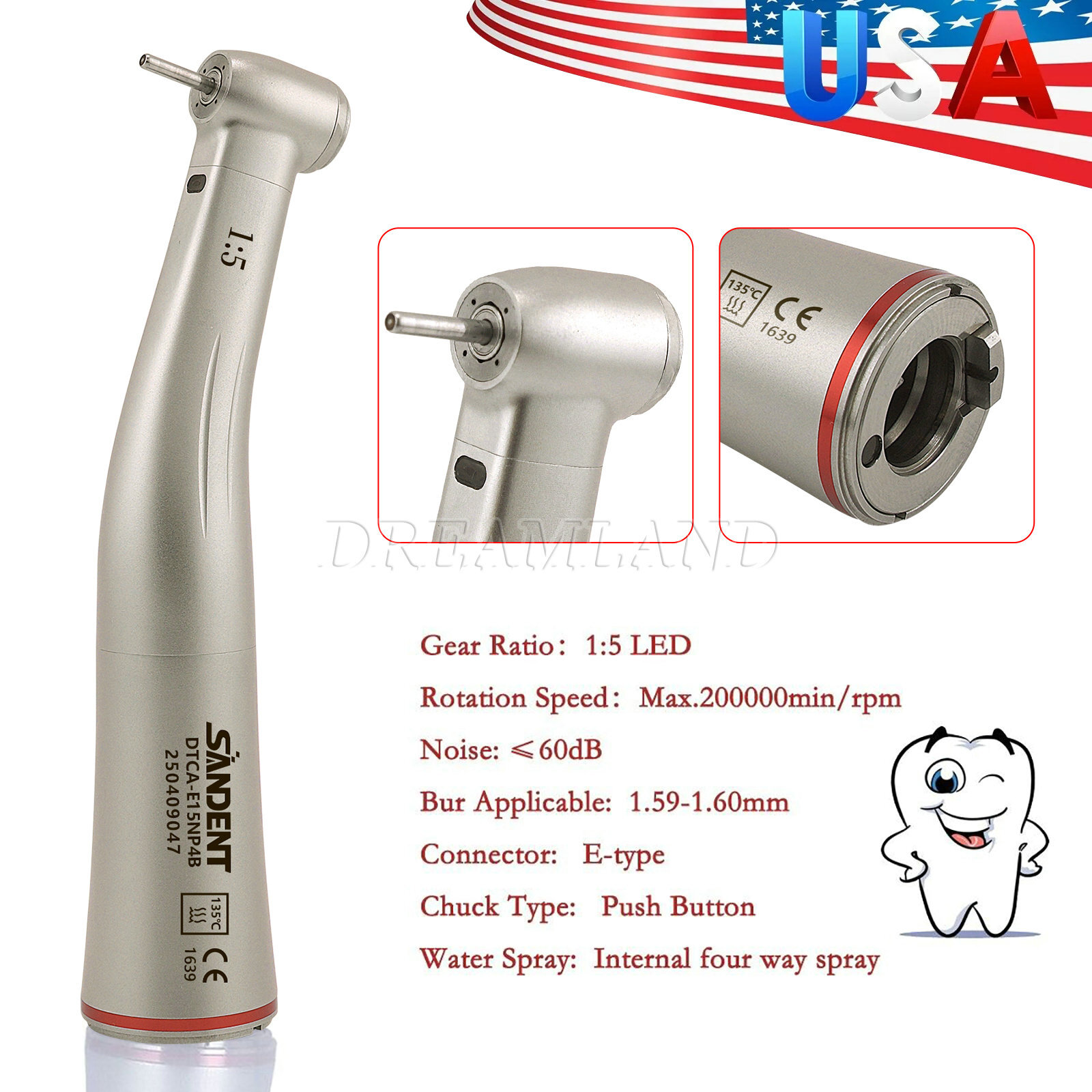 3pcs SANDENT Dental 1:5 LED Contra Angle Handpiece High Speed for Electric Motor