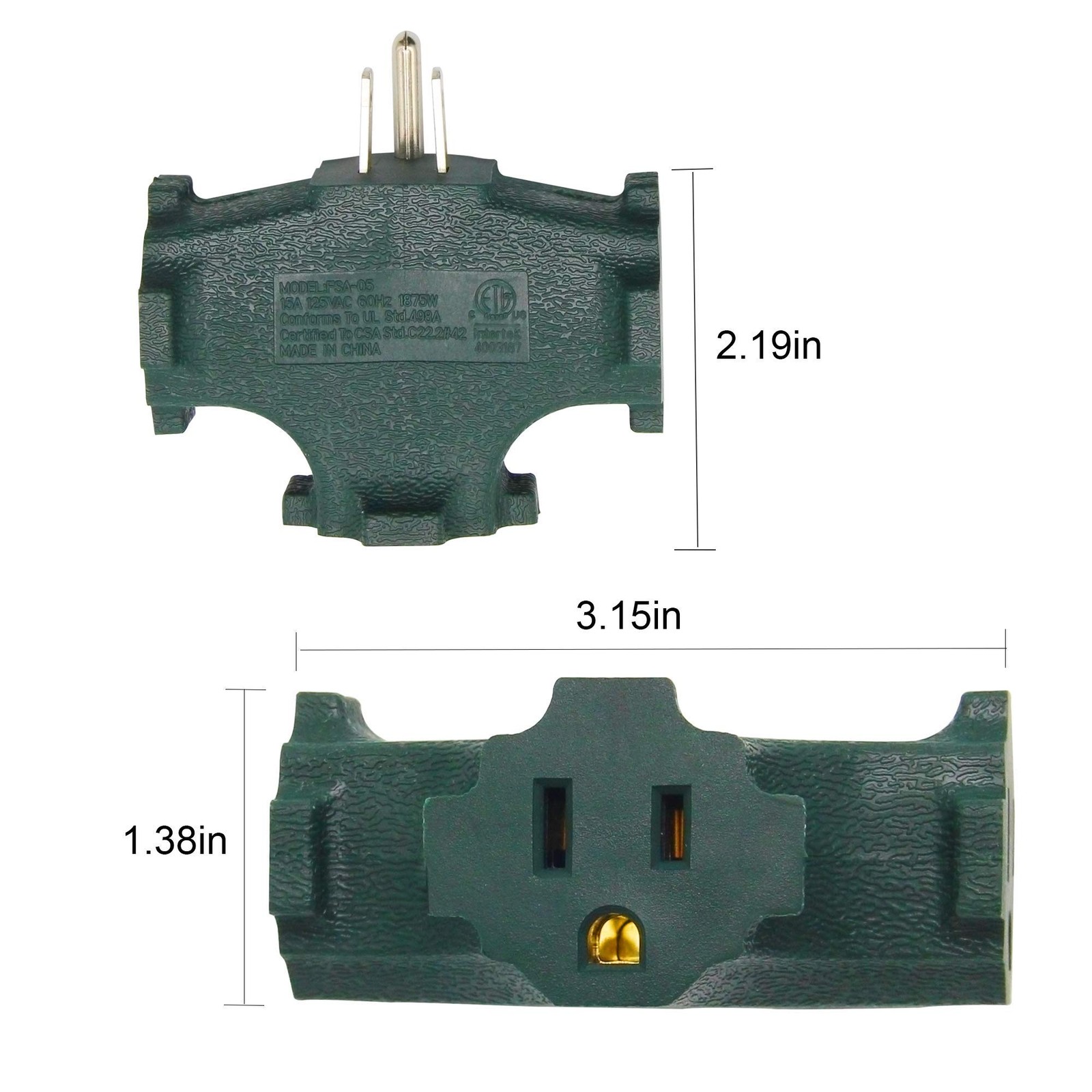 ETL Listed 3 Outlet Grounding Adapter, BTU Three Plug Adapter Green2