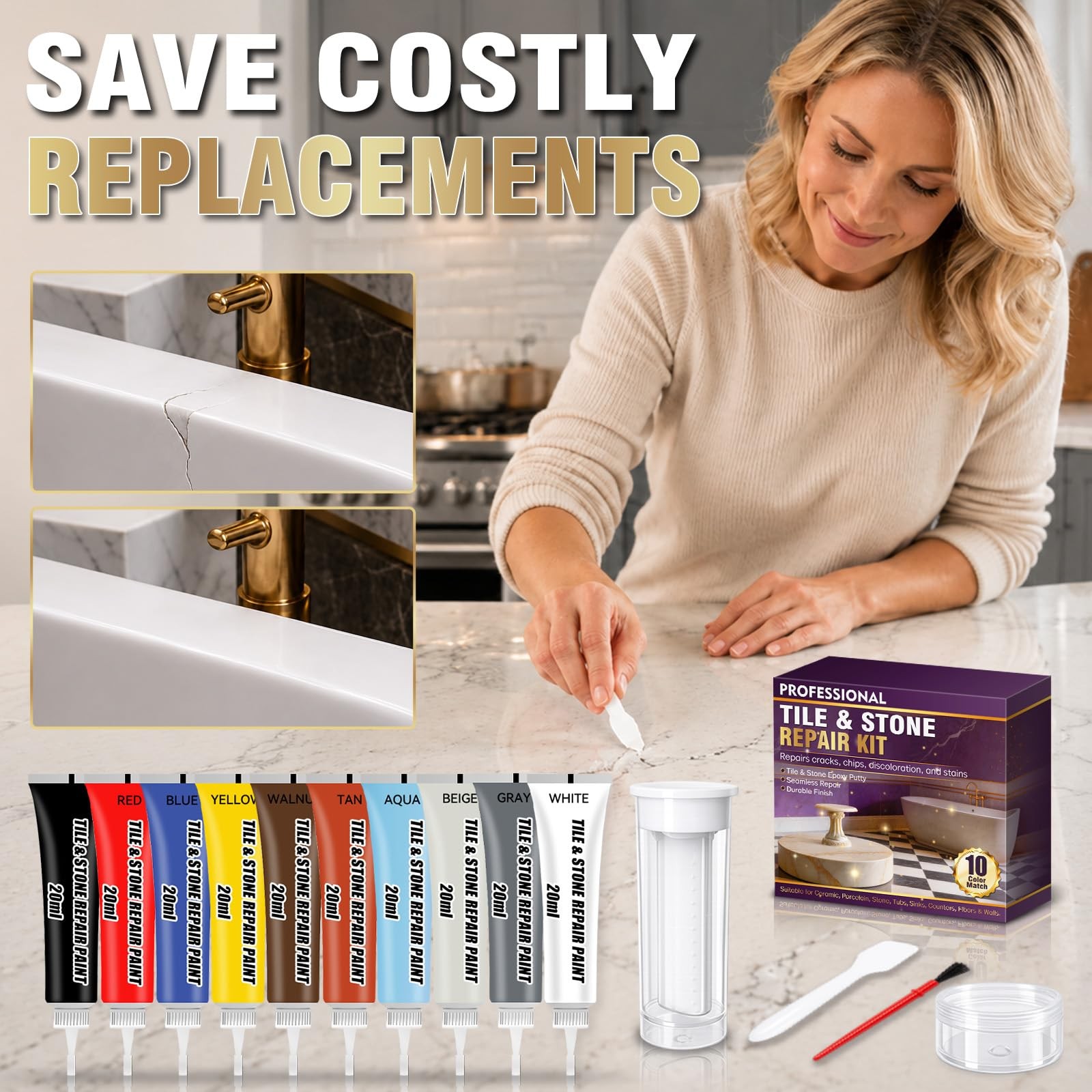 Porcelain Repair Kit, Tile and Stone Repair Kit, 10 Colors, Seamless Finish, …