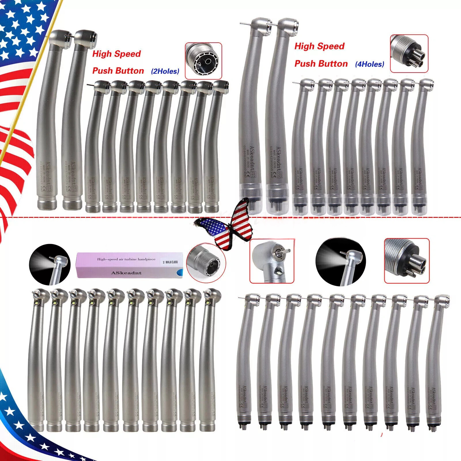 Dental LED/Non LED High Speed Handpiece 3 Water Spray Steel Bearing 2/4 Holes
