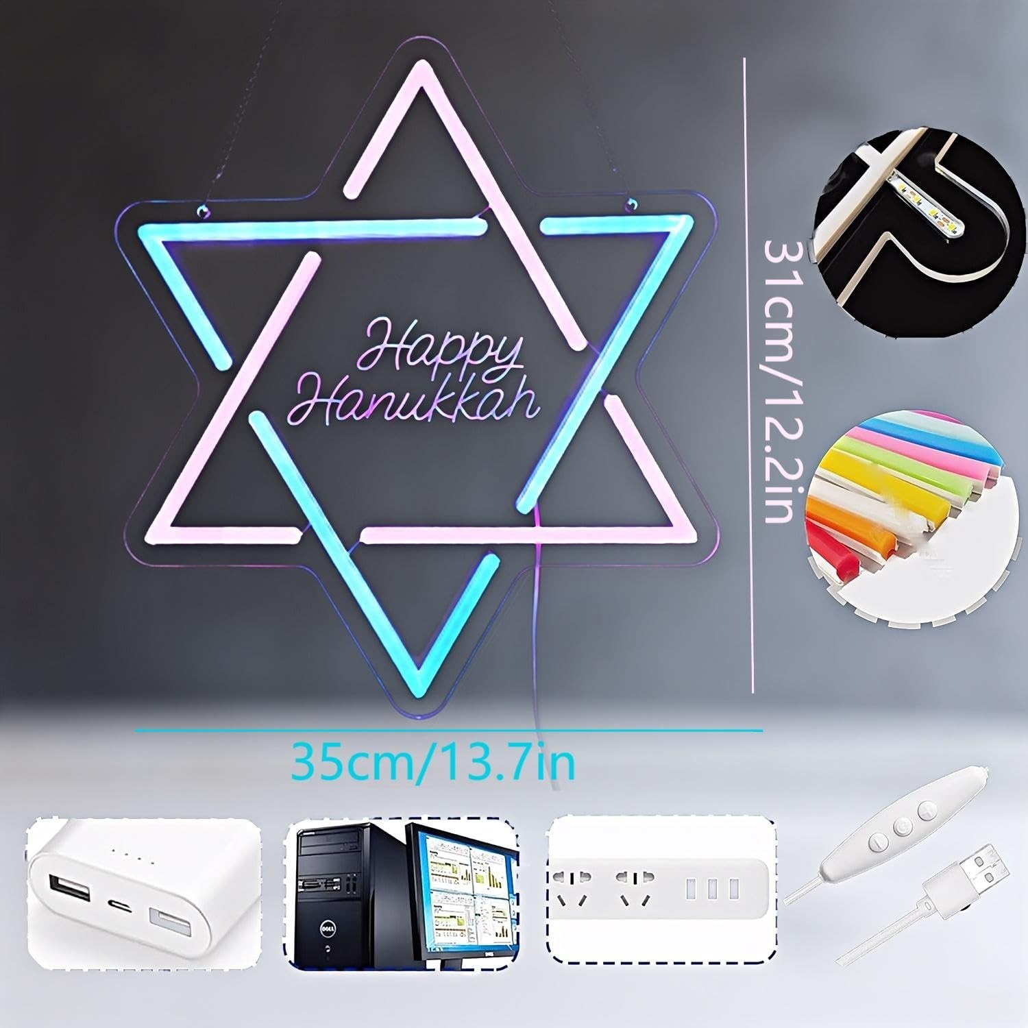 Hanukkah Neon Sign, | David Star Pink Blue Gradient LED Light with ‘Happy Han…