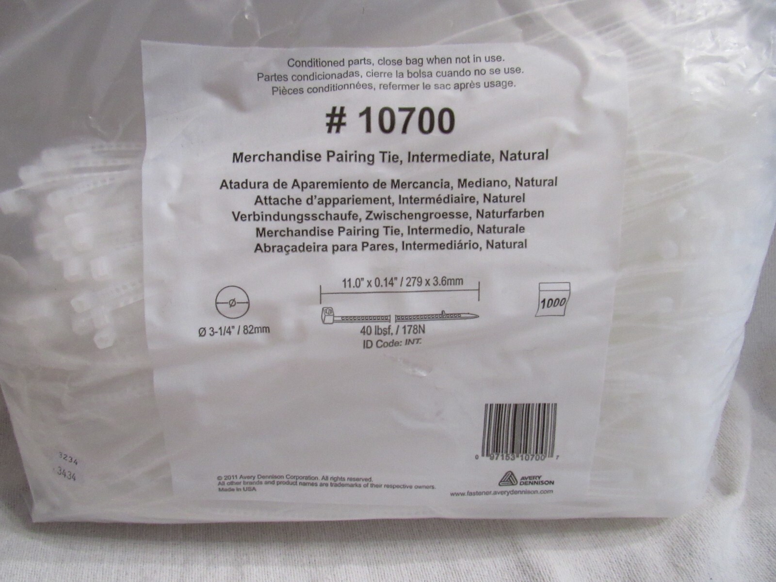 Pack of 1000 Merchandise Pairing Tie Avery Dennison Cable Ties 11″ 10700