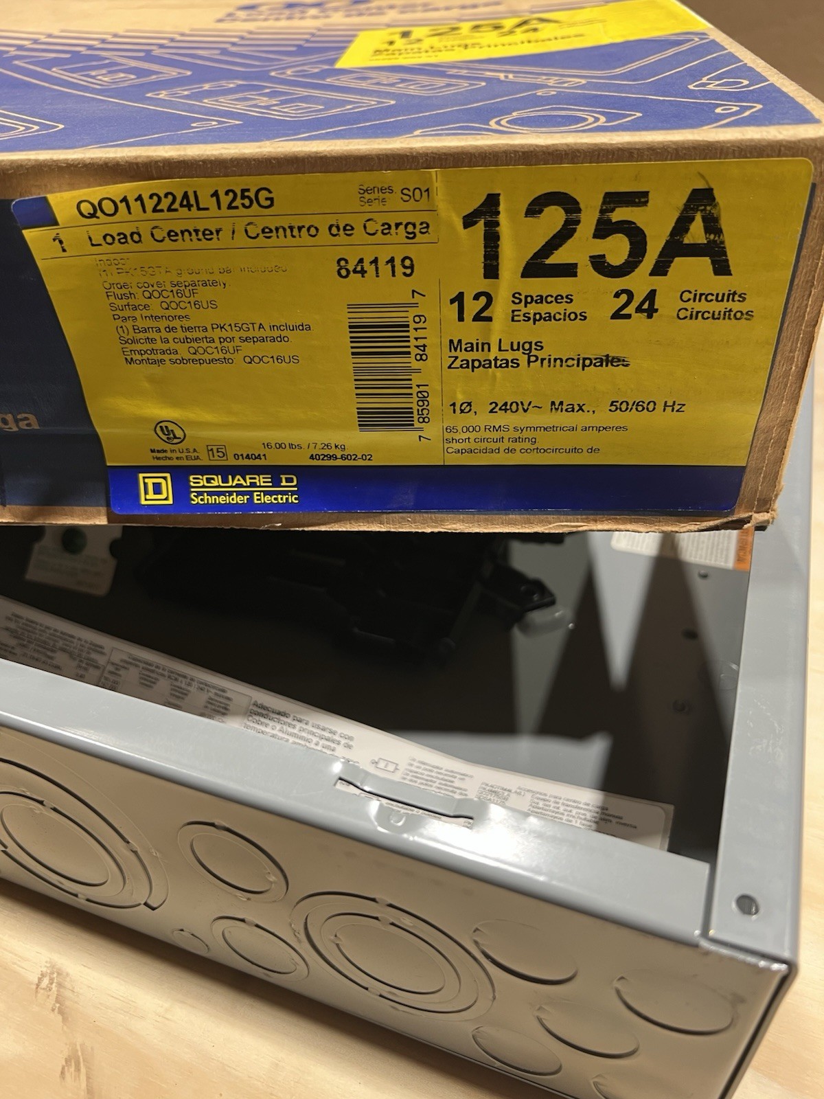 Square D QO11224L125G 125 Amp 12 Space Load Center 24 Circuit 240 Volt Max NEW