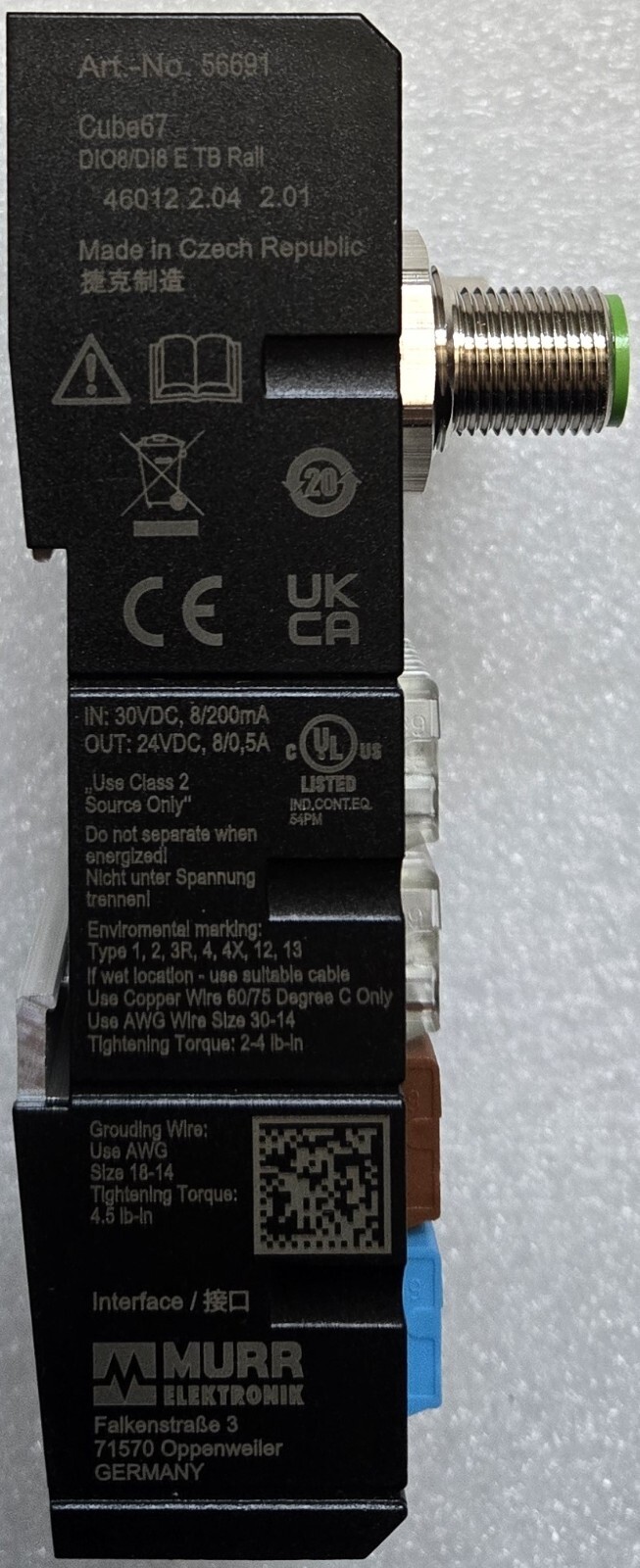 Murr Elektronik 56691 Terminal Module, Cube67, IP67, 8-Inputs 8-Channels
