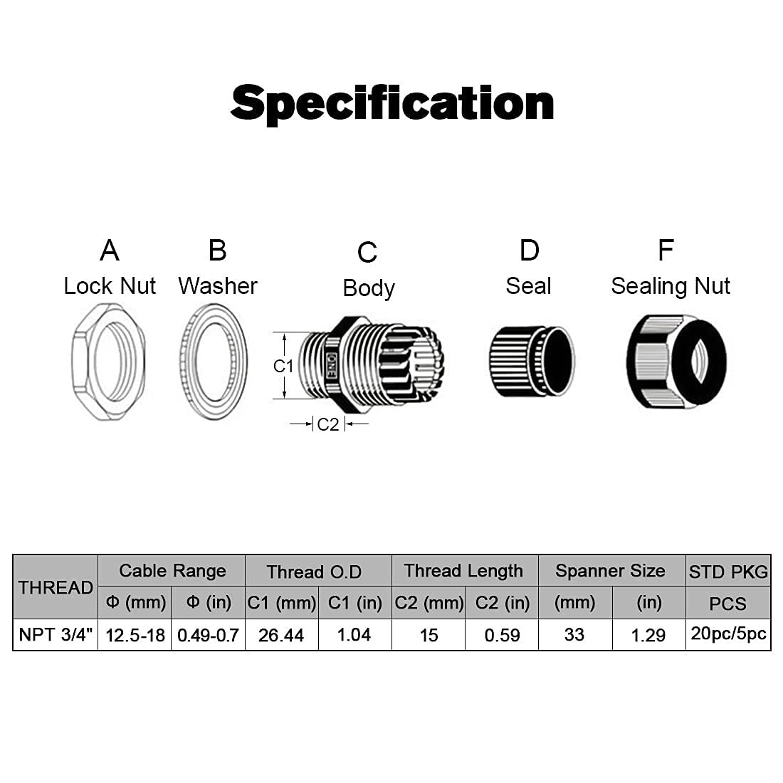 Black NPT 3/4 Inch Waterproof Adjustable Nylon Cable Gland Joints 20 Pack